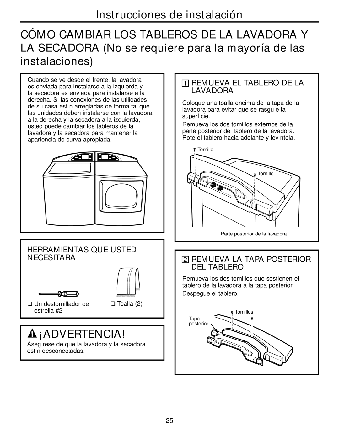 GE Dryer operating instructions Remueva EL Tablero DE LA Lavadora, Remueva LA Tapa Posterior DEL Tablero 