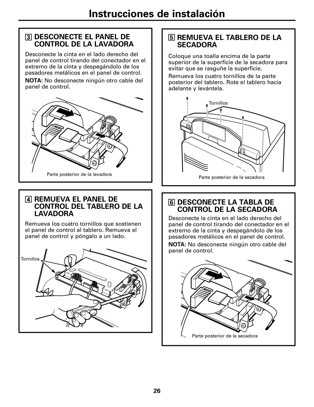 GE Dryer operating instructions Remueva EL Panel DE Control DEL Tablero DE LA Lavadora, Remueva EL Tablero DE LA Secadora 