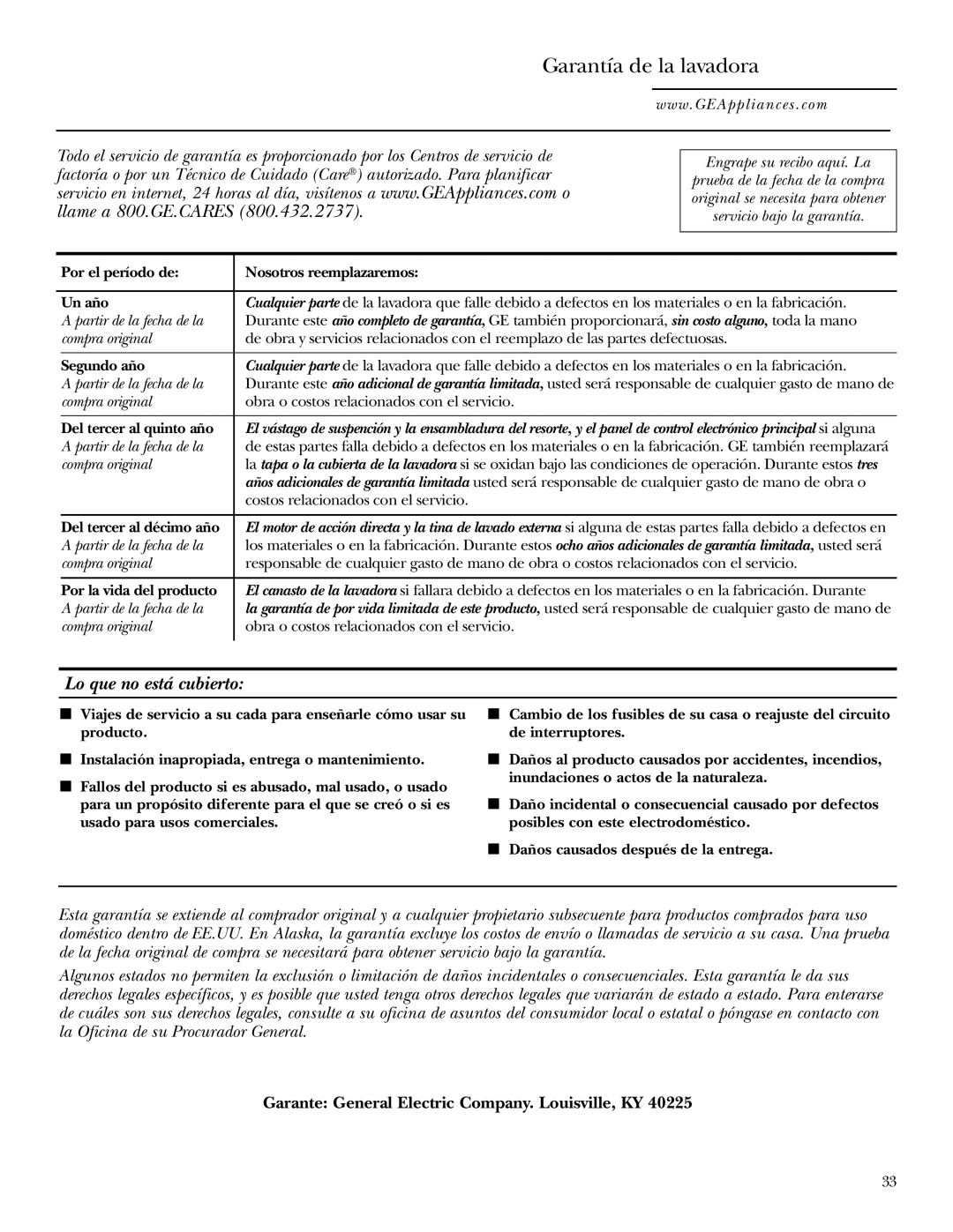 GE Dryer operating instructions Garantía de la lavadora 