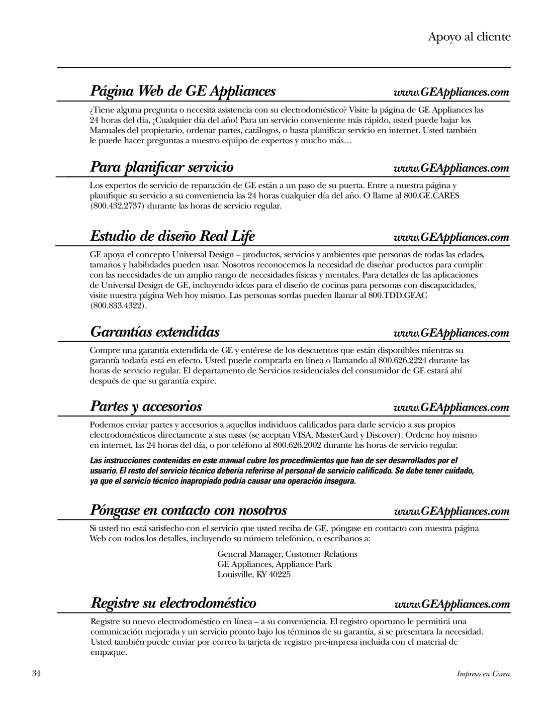 GE Dryer operating instructions Página Web de GE Appliances, Apoyo al cliente 