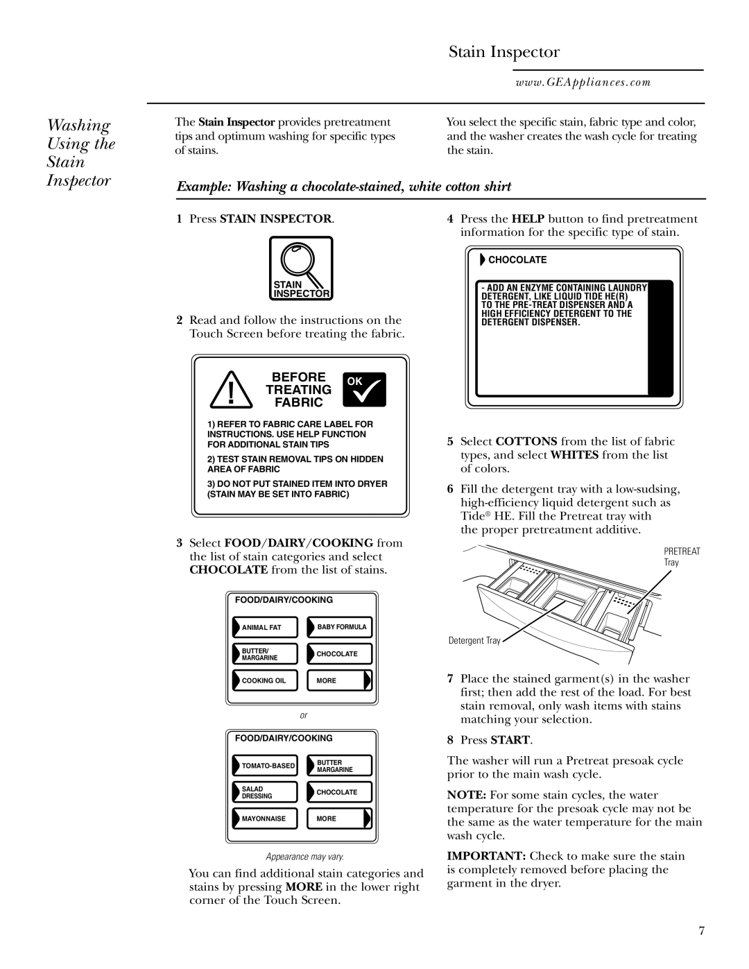 GE Dryer operating instructions Washing Using Stain Inspector, Before OK Treating Fabric, Press Stain Inspector 