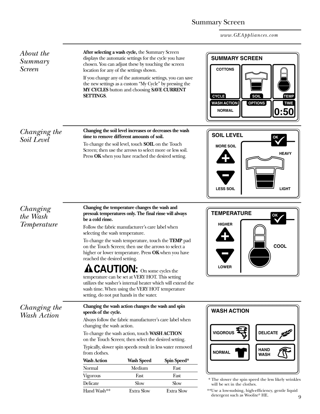 GE Dryer About Summary Screen, Changing the Soil Level, Changing Wash Temperature, Changing the Wash Action 