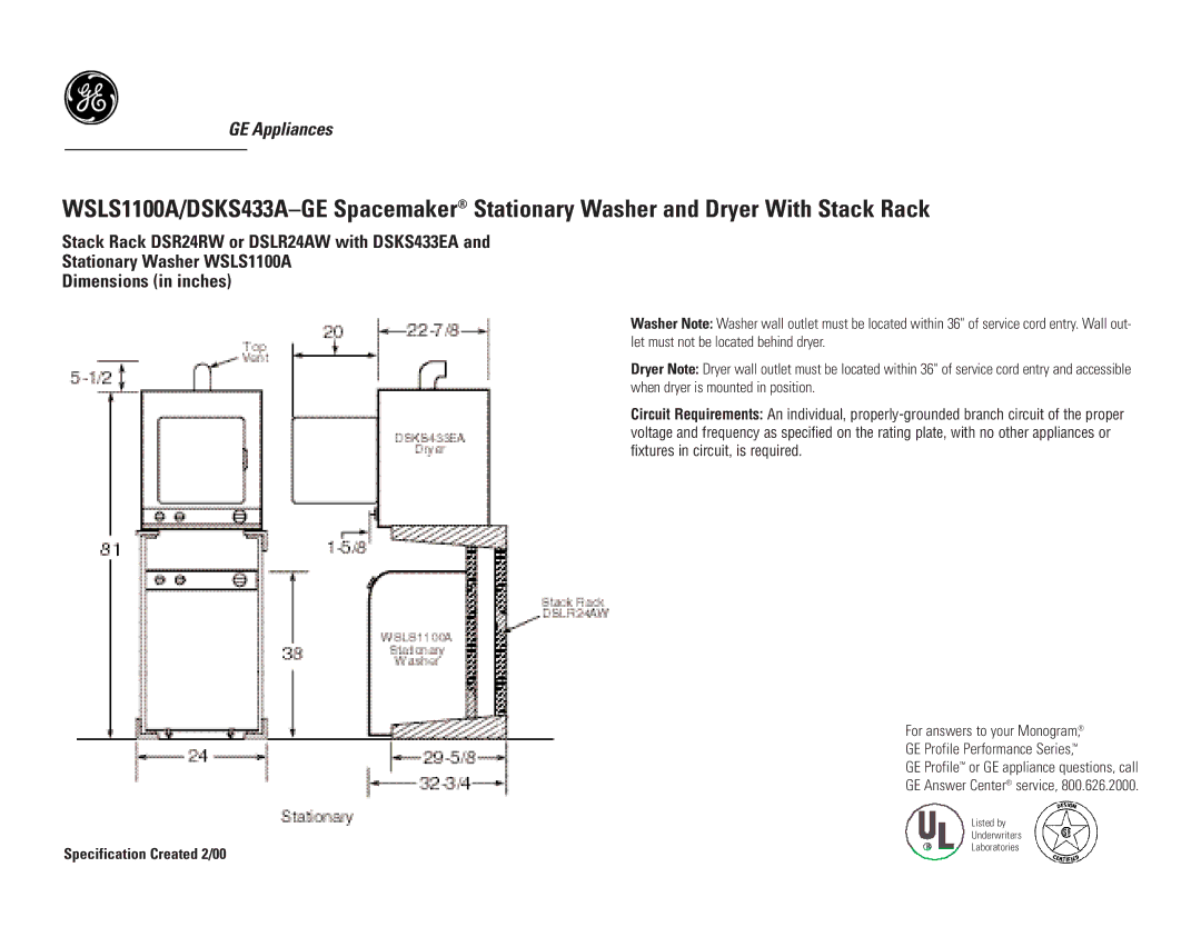 GE DSKS433EW, DSKP233EW, DSKS433EAWW, DSKS433A, DSKS433EAAA dimensions Specification Created 2/00 