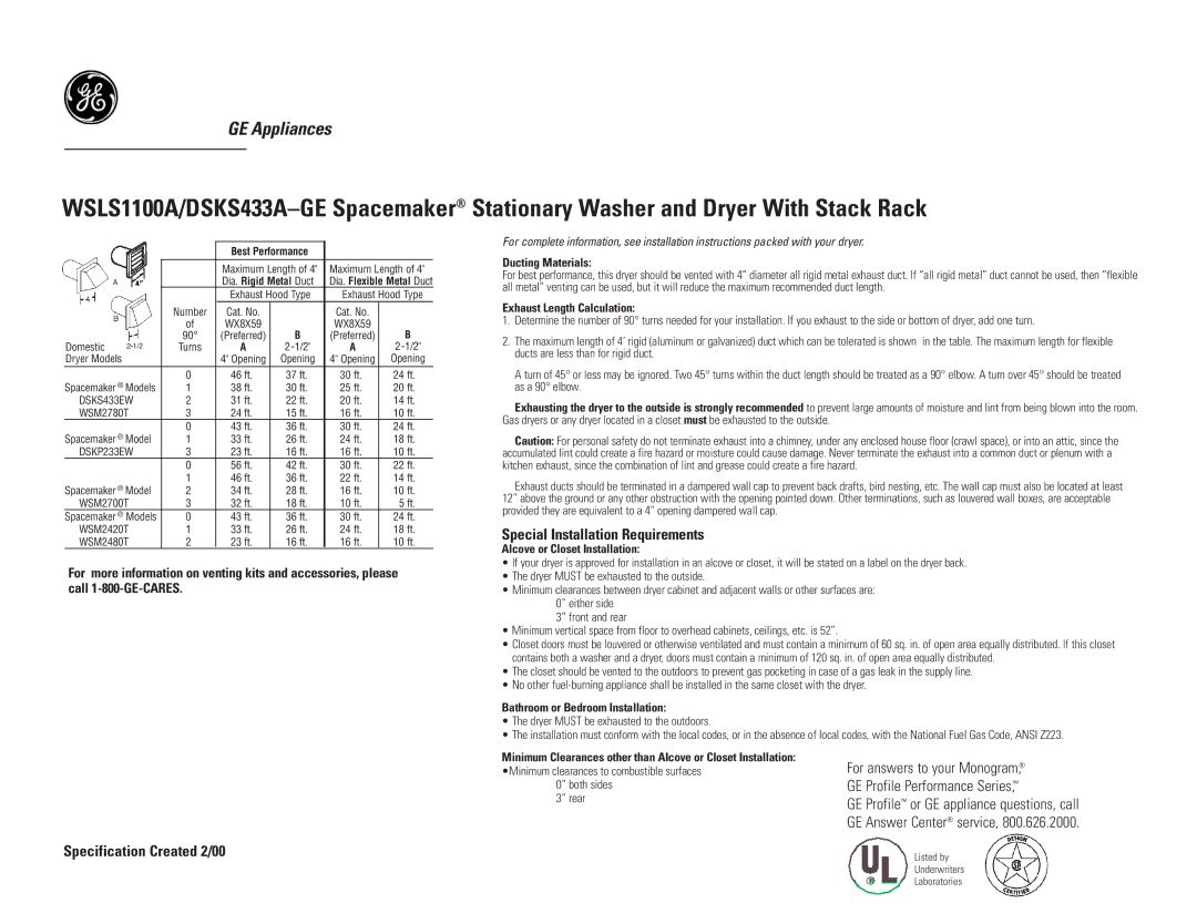 GE DSKS433EAWW, DSKP233EW, DSKS433EW Special Installation Requirements, Ducting Materials, Exhaust Length Calculation 