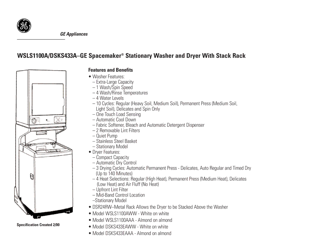 GE DSKS433A, DSKP233EW, DSKS433EW, DSKS433EAWW, DSKS433EAAA dimensions Features and Benefits 