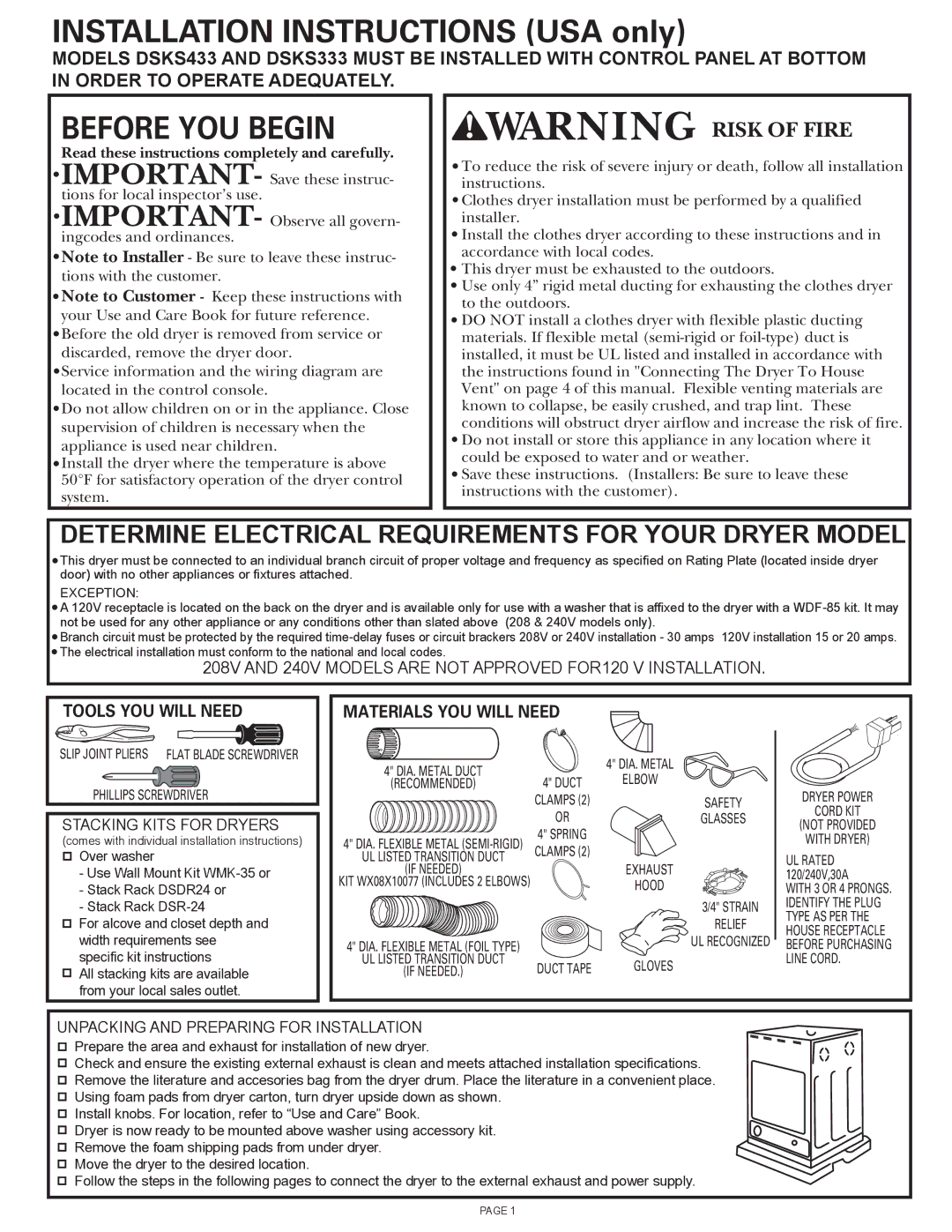 GE DSKS333, DSKS433 installation instructions Determine Electrical Requirements for Your Dryer Model 