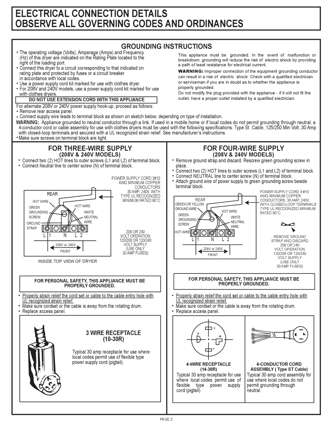 GE DSKS433, DSKS333 installation instructions Wire Receptacle, Rear, Power Supply Cord 3#10 