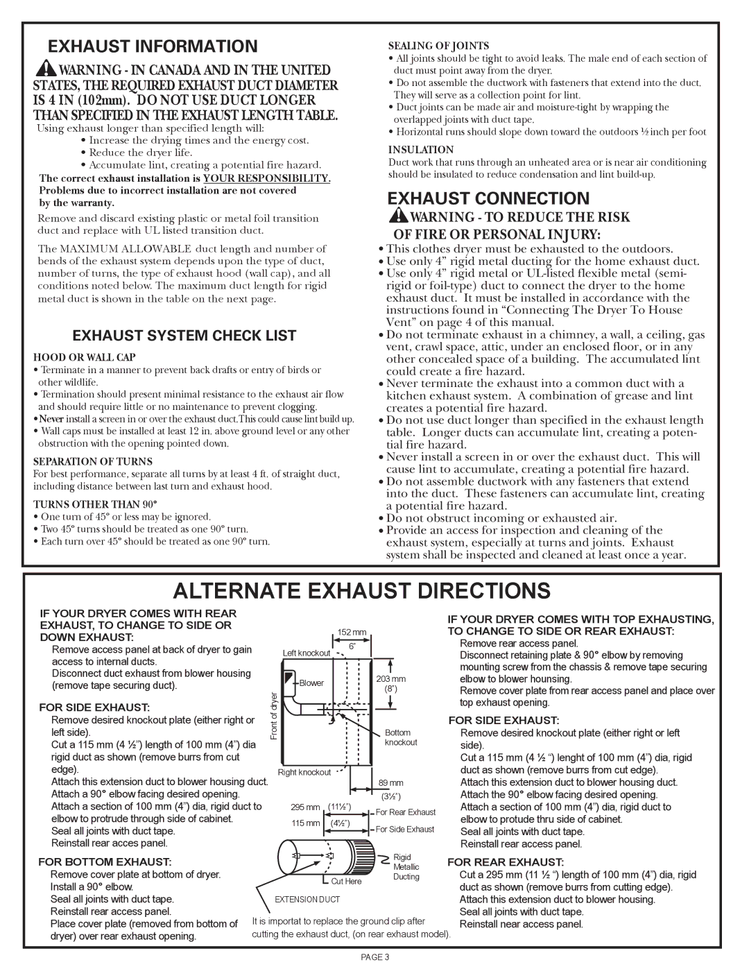 GE DSKS333, DSKS433 installation instructions Alternate Exhaust Directions, Exhaust Information, Exhaust Connection 