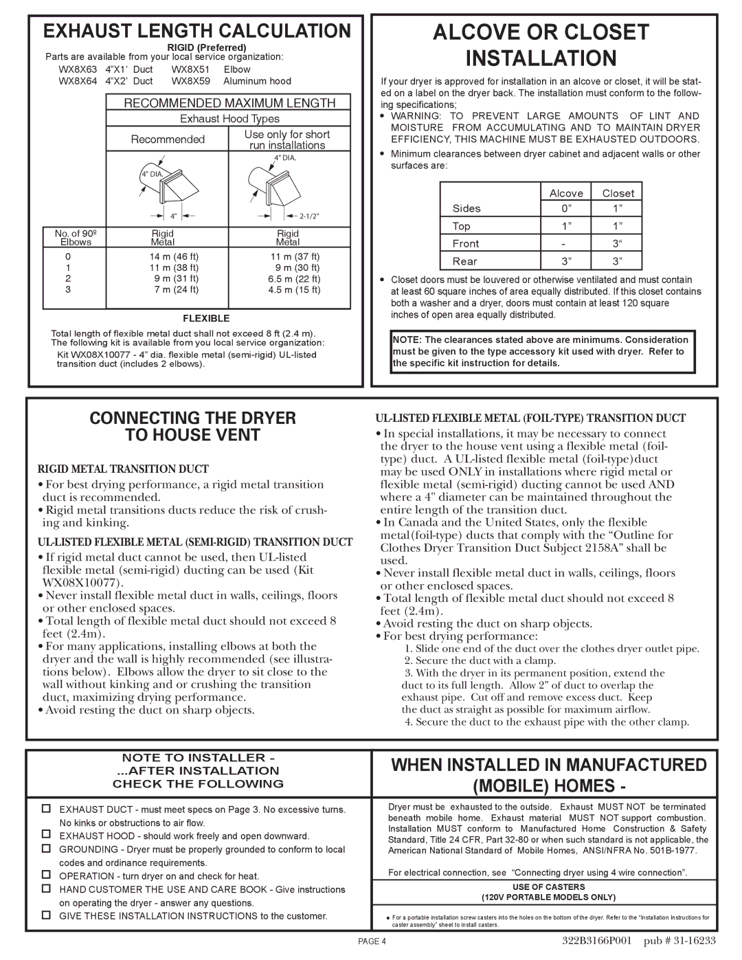 GE DSKS433, DSKS333 Alcove or Closet Installation, Exhaust Length Calculation, Connecting the Dryer, To House Vent 