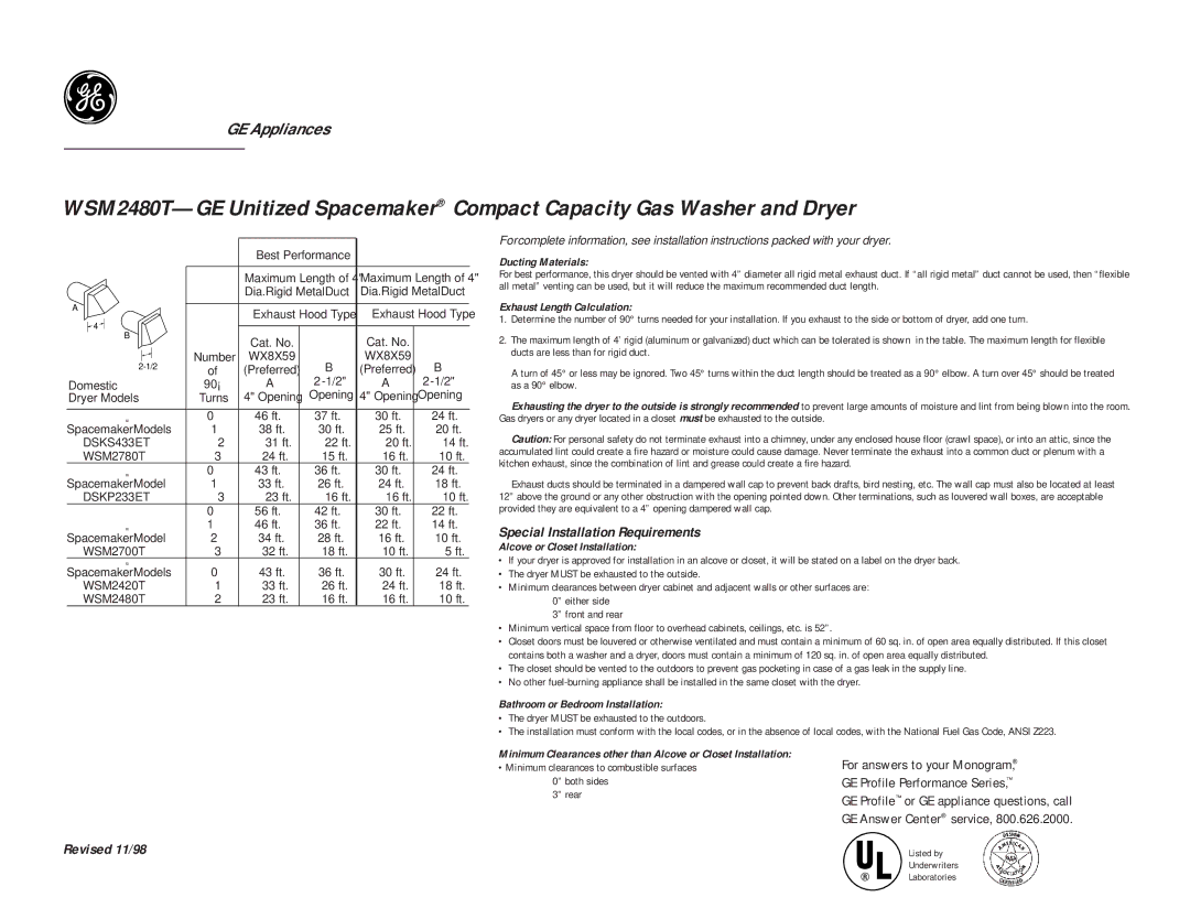 GE DSKS433ET dimensions Ducting Materials, Exhaust Length Calculation, Alcove or Closet Installation 