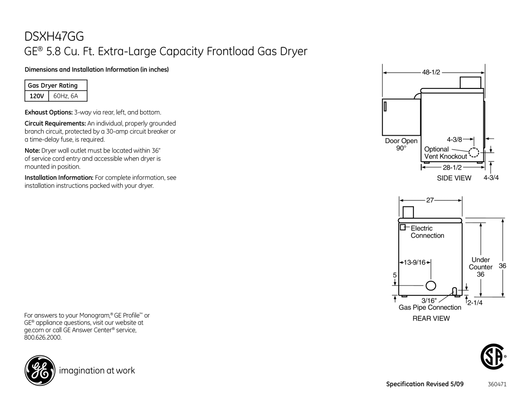 GE DSXH47GG dimensions Specification Revised 5/09 