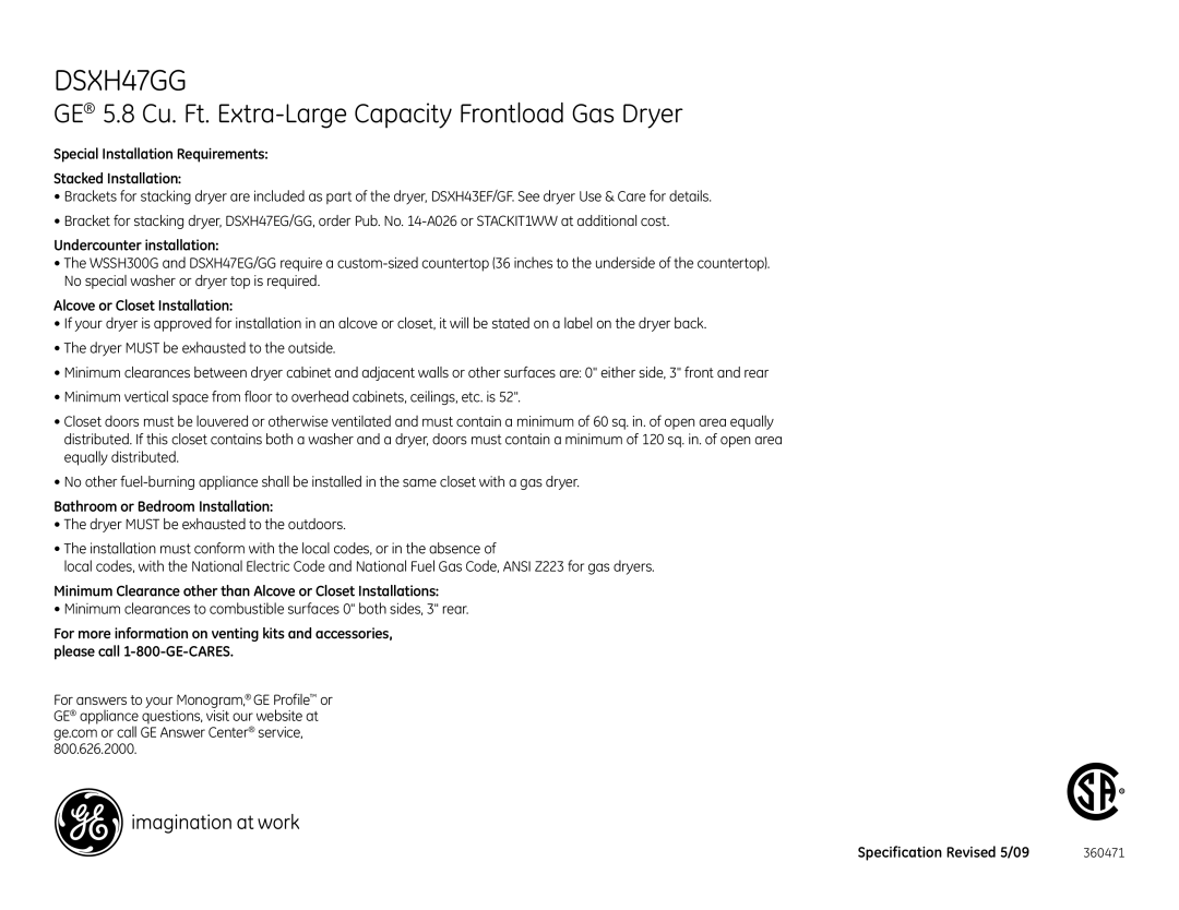 GE DSXH47GG dimensions Special Installation Requirements Stacked Installation, Undercounter installation 