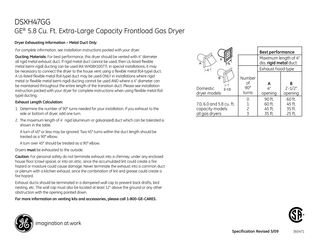 GE DSXH47GG dimensions Dryer Exhausting Information Metal Duct Only, Exhaust Length Calculation 