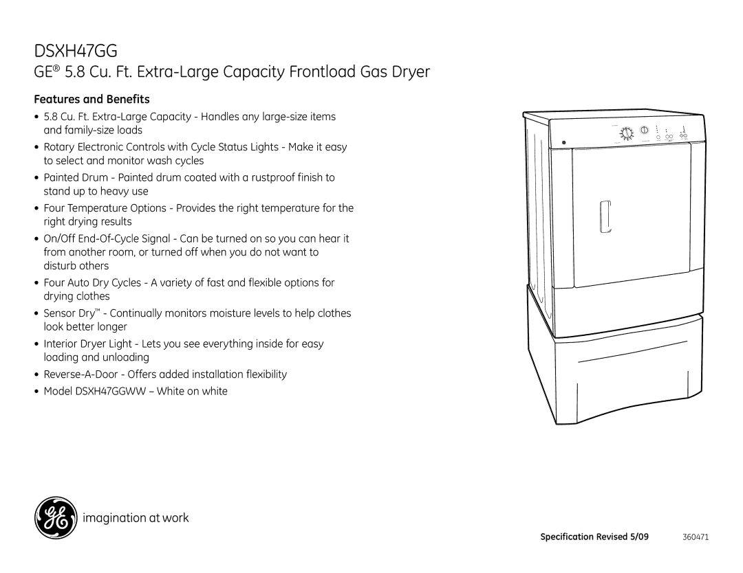 GE DSXH47GG dimensions Features and Benefits 