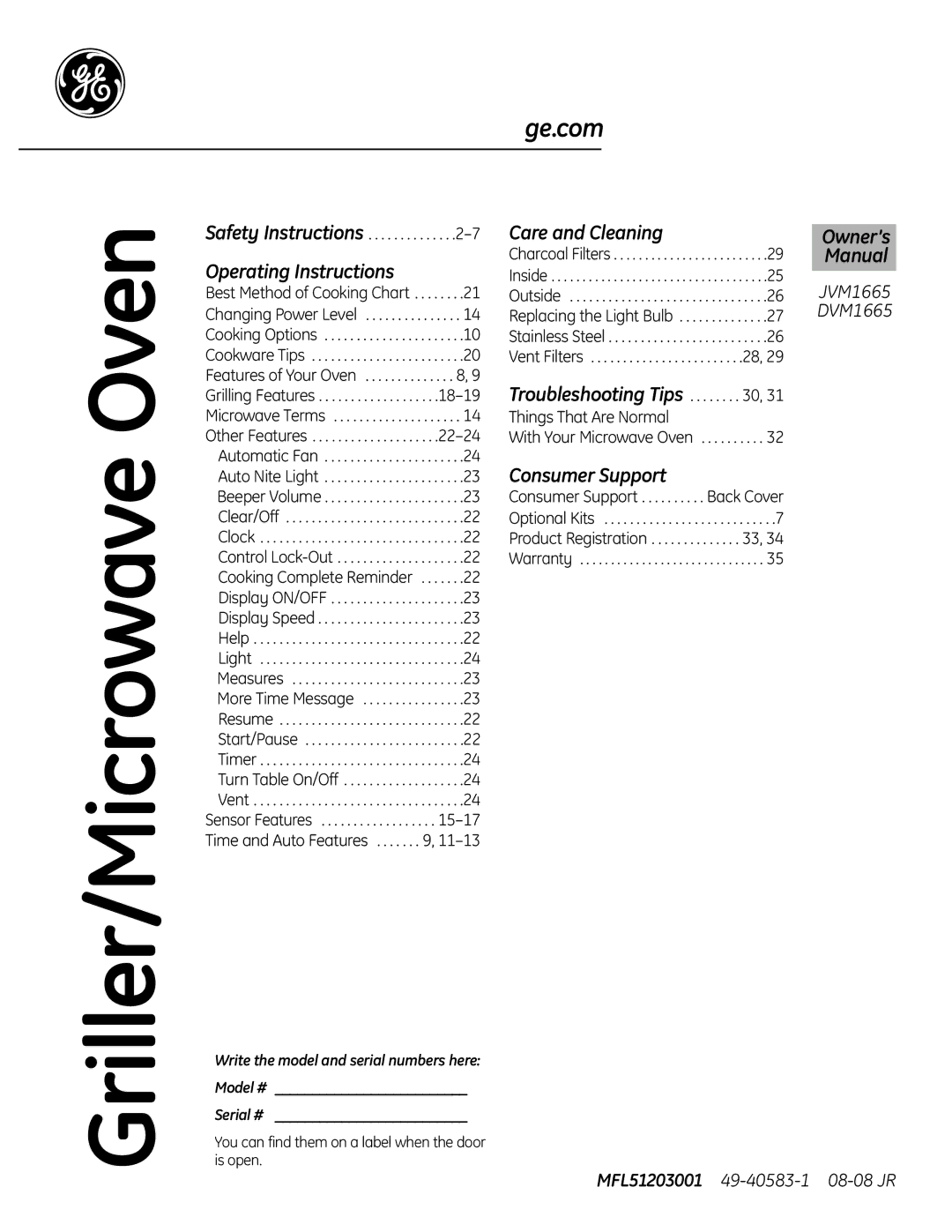 GE DVM1665 manual Operating Instructions, Care and Cleaning, Consumer Support, Owner’s, Manual 