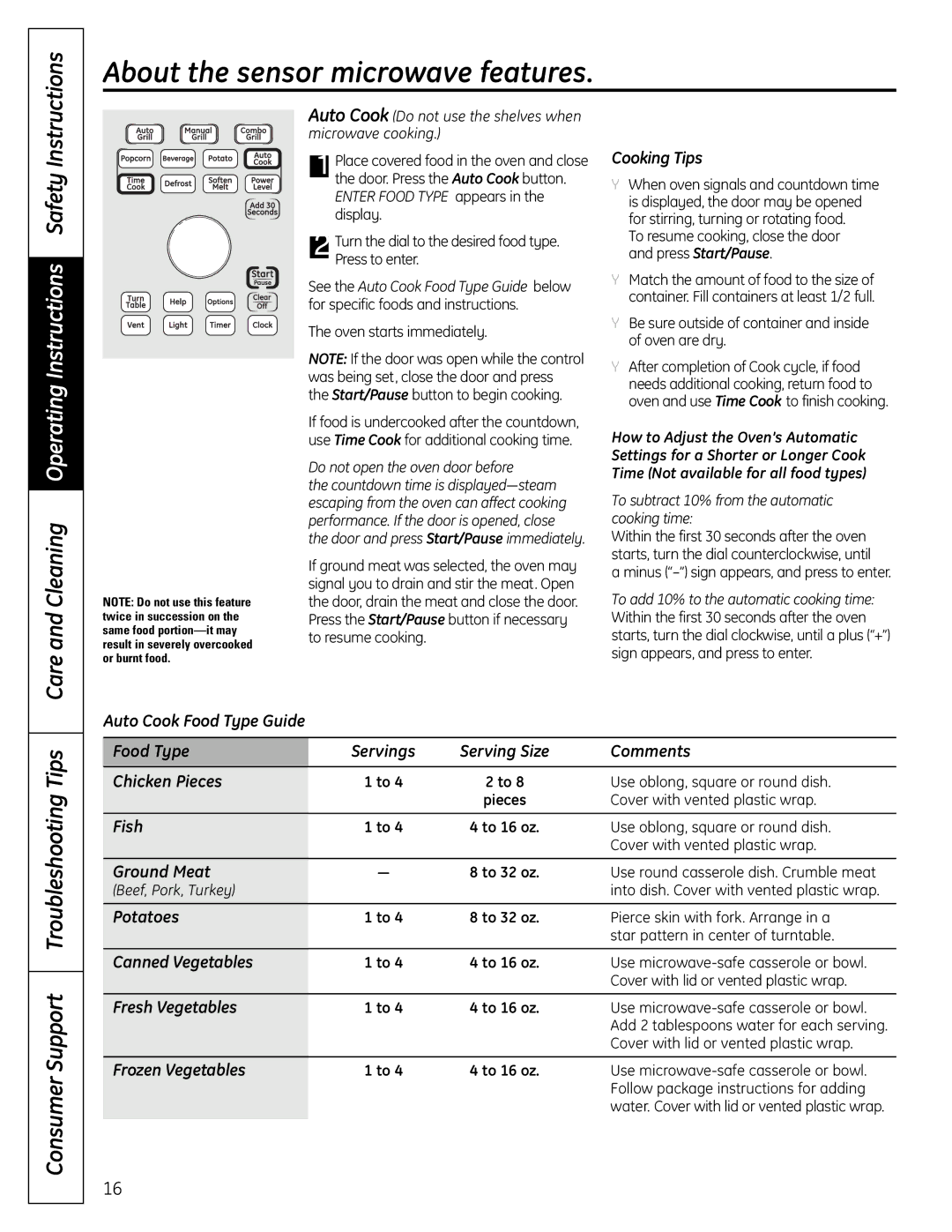 GE DVM1665 manual Cooking Tips, Fish, Ground Meat, Potatoes, Canned Vegetables, Fresh Vegetables, Frozen Vegetables 