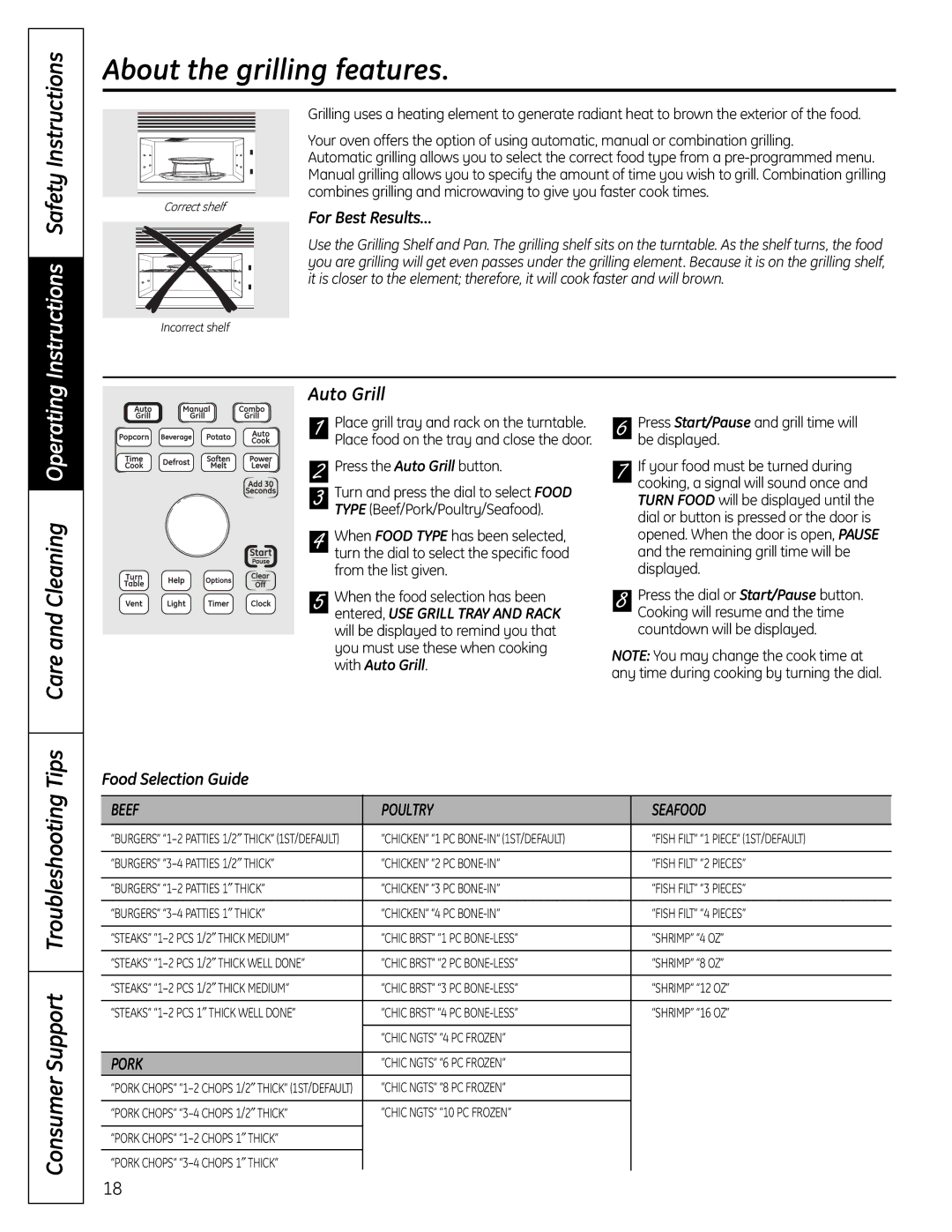 GE DVM1665 About the grilling features, Instructions Safety Instructions, Tips Care and Cleaning Operating, Auto Grill 