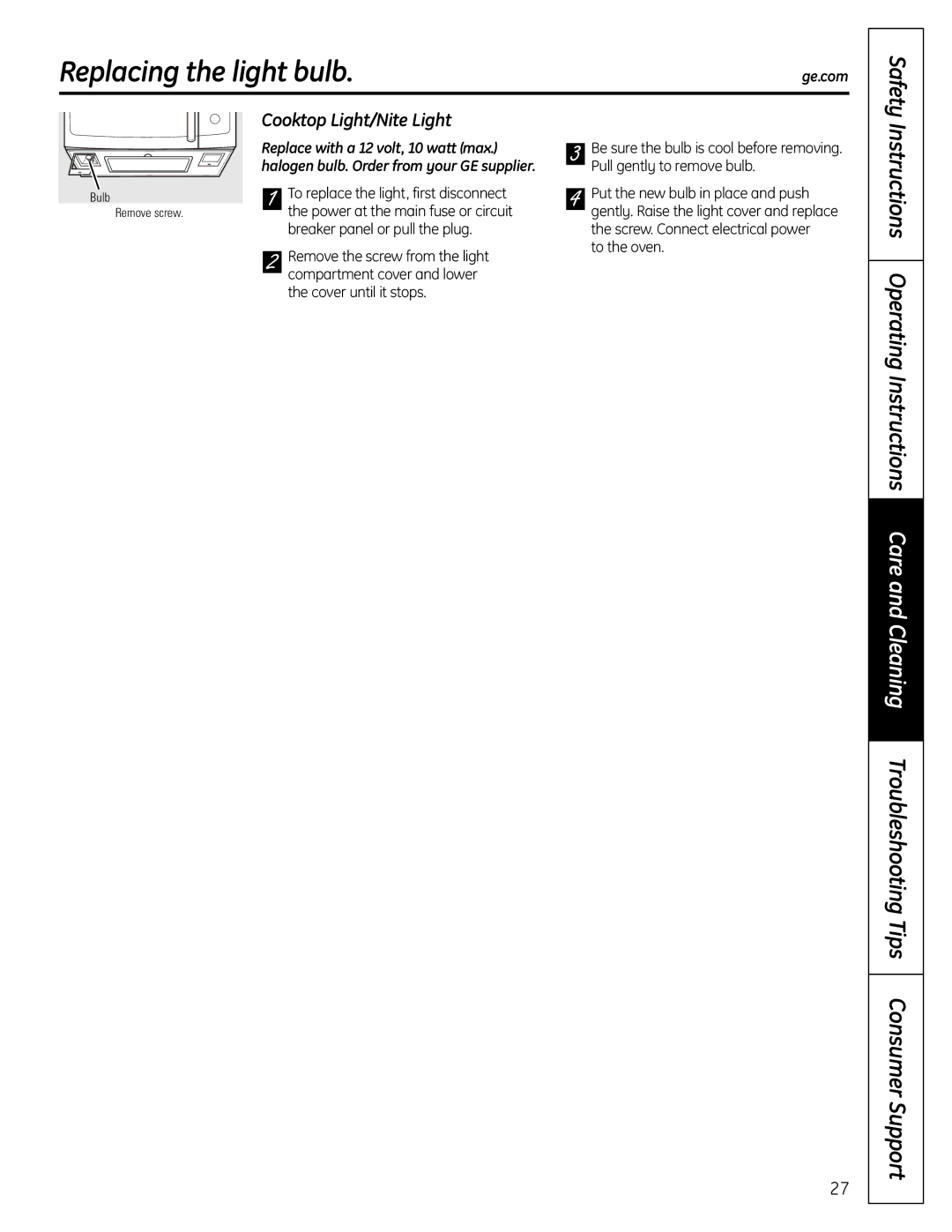 GE DVM1665 manual Replacing the light bulb, Safety, Cooktop Light/Nite Light 
