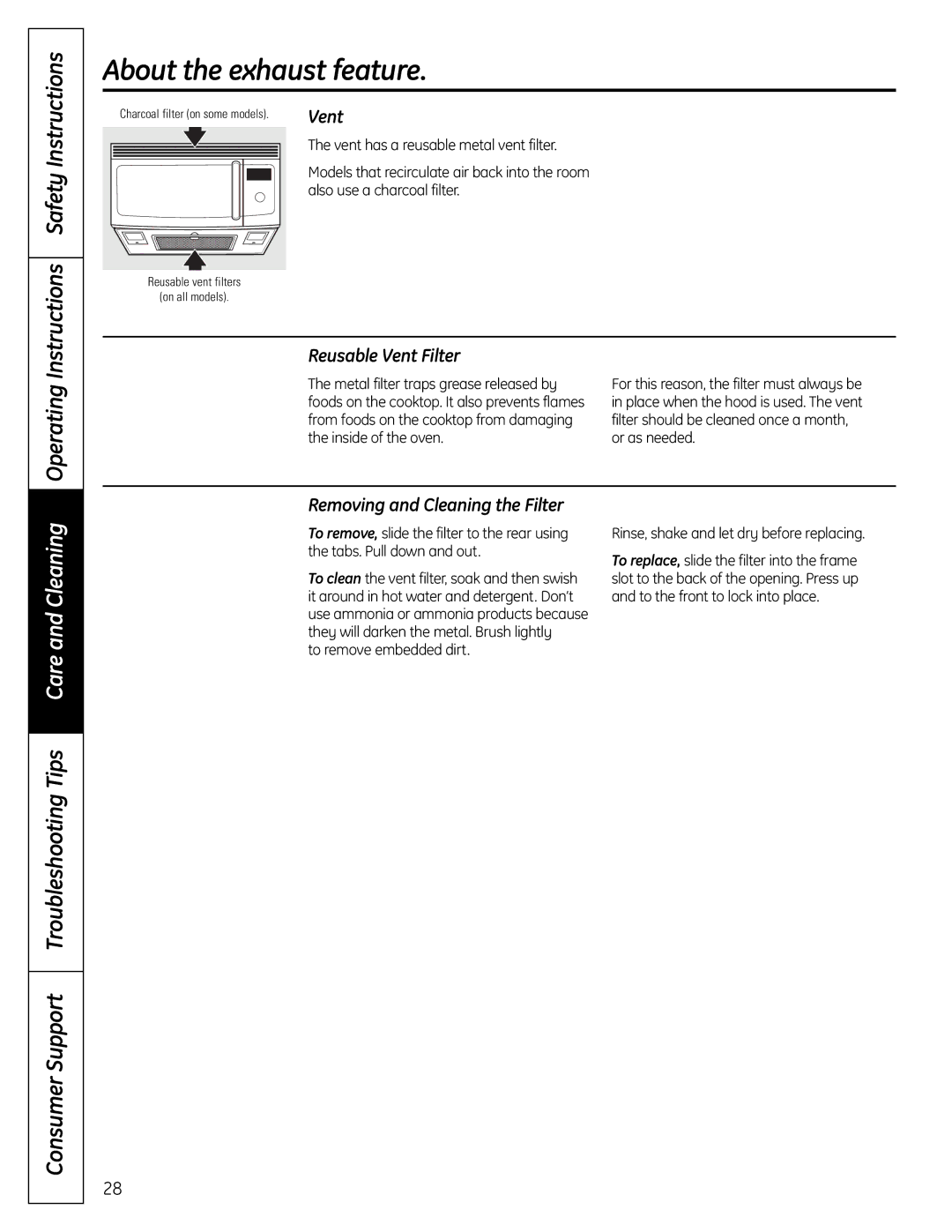 GE DVM1665 manual About the exhaust feature, Operating Instructions Safety Instructions, Reusable Vent Filter 