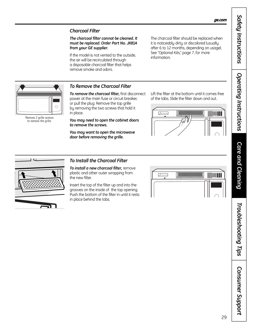 GE DVM1665 manual Cleaning Troubleshooting Tips Consumer Support, Operating Instructions Care, Charcoal Filter 