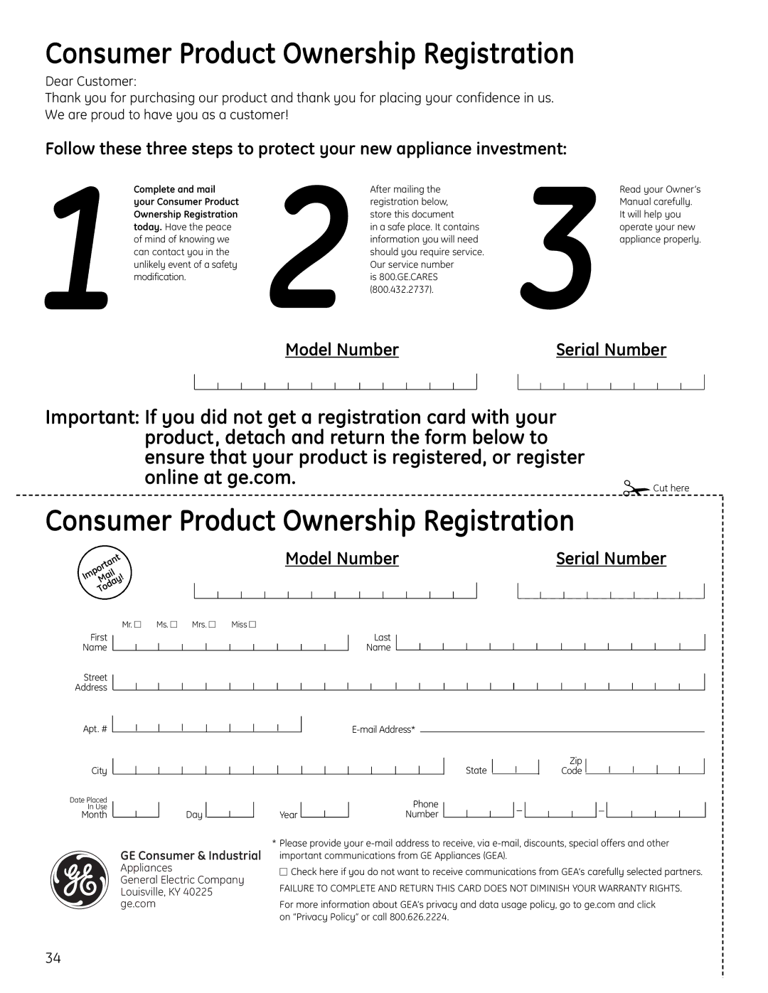 GE DVM1665 manual Consumer Product Ownership Registration 