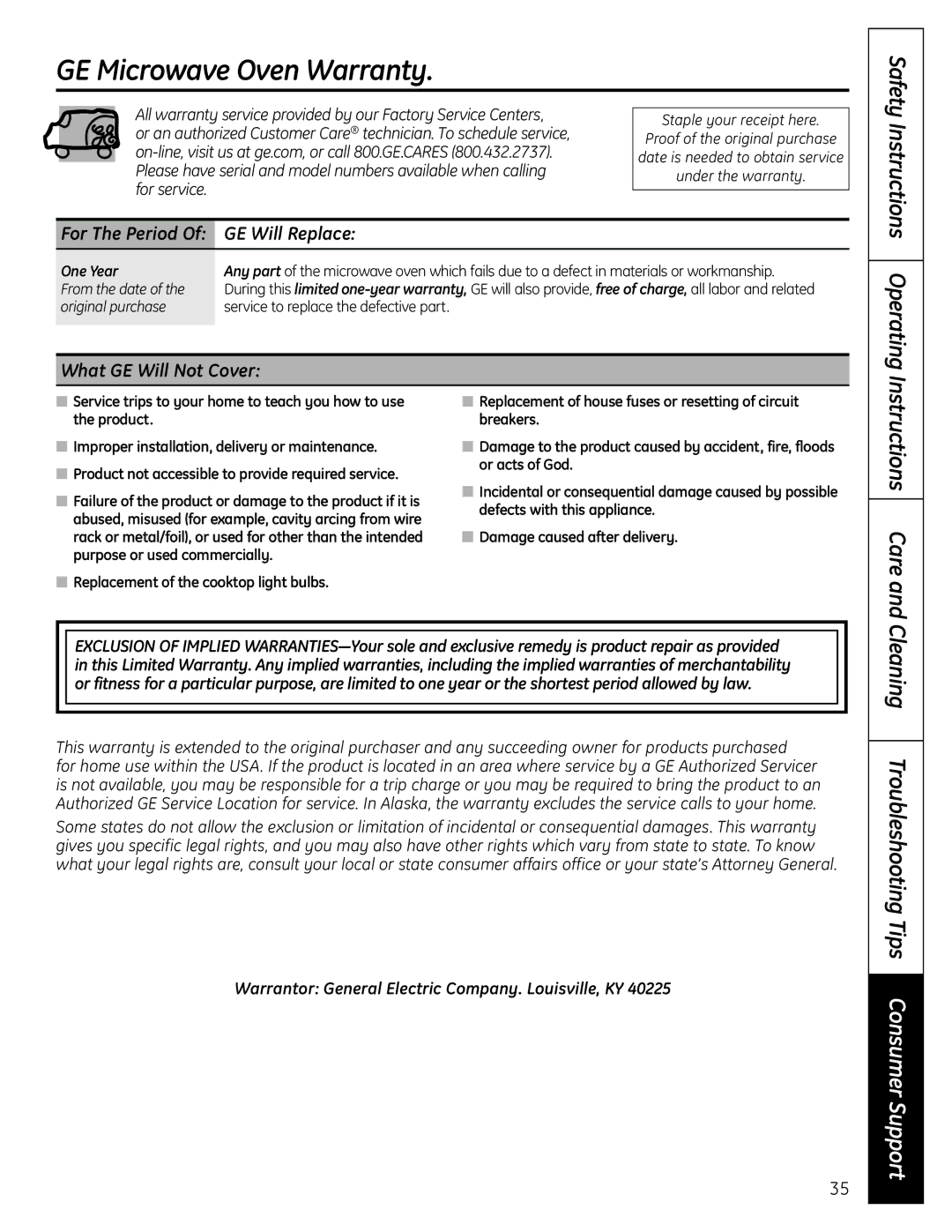 GE DVM1665 manual GE Microwave Oven Warranty, Safety Instructions Operating, Instructions Care, GE Will Replace 