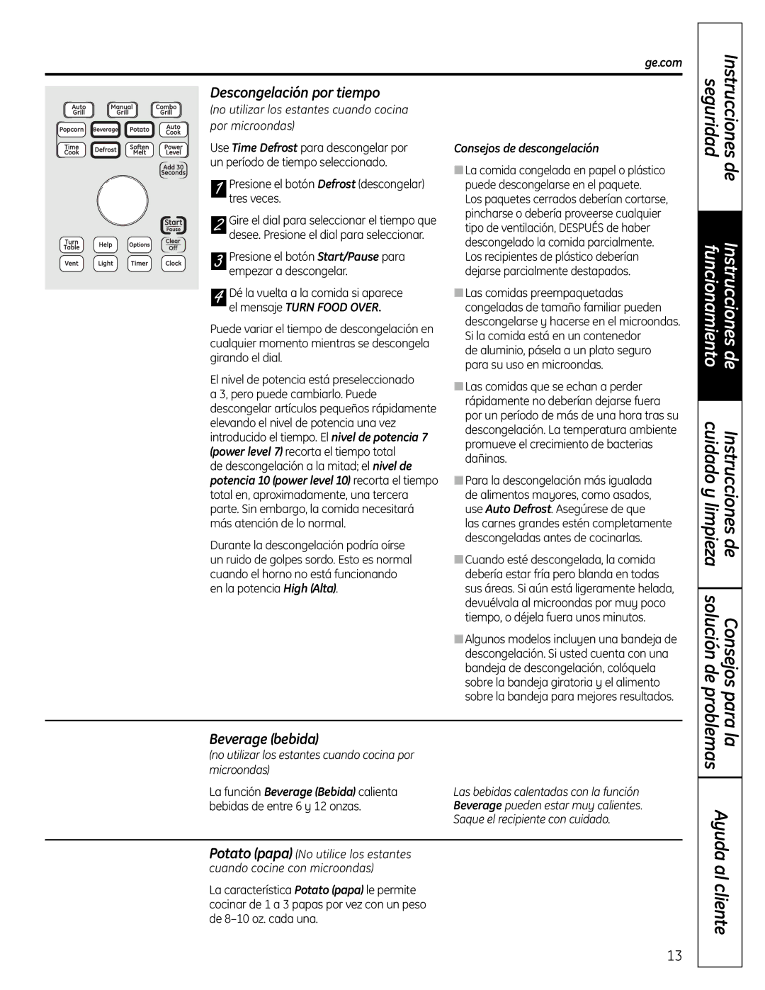 GE DVM1665 manual Solución de problemas Consejos para, Seguridad, Descongelación por tiempo, Beverage bebida 