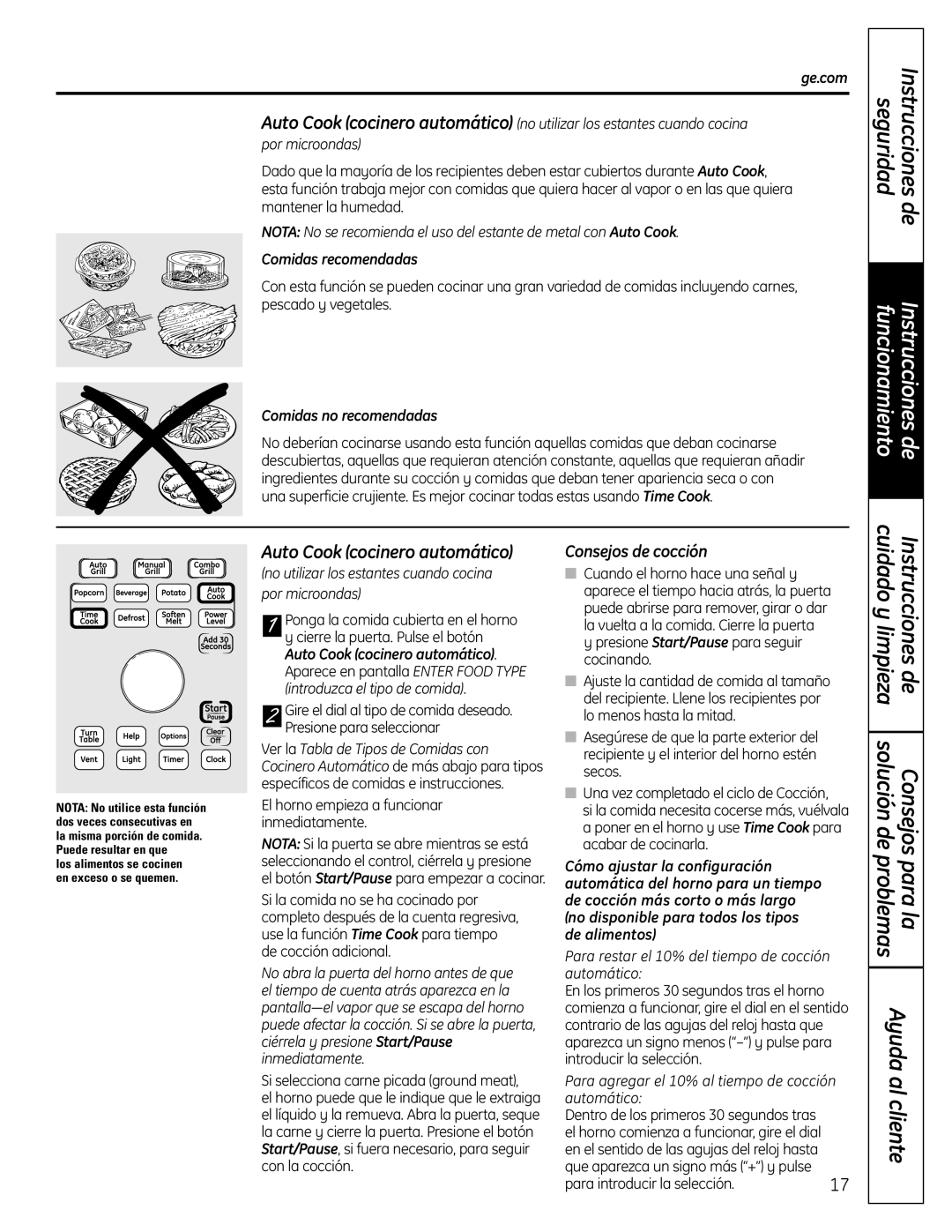 GE DVM1665 manual Auto Cook cocinero automático, Consejos de cocción, Comidas recomendadas, Comidas no recomendadas 