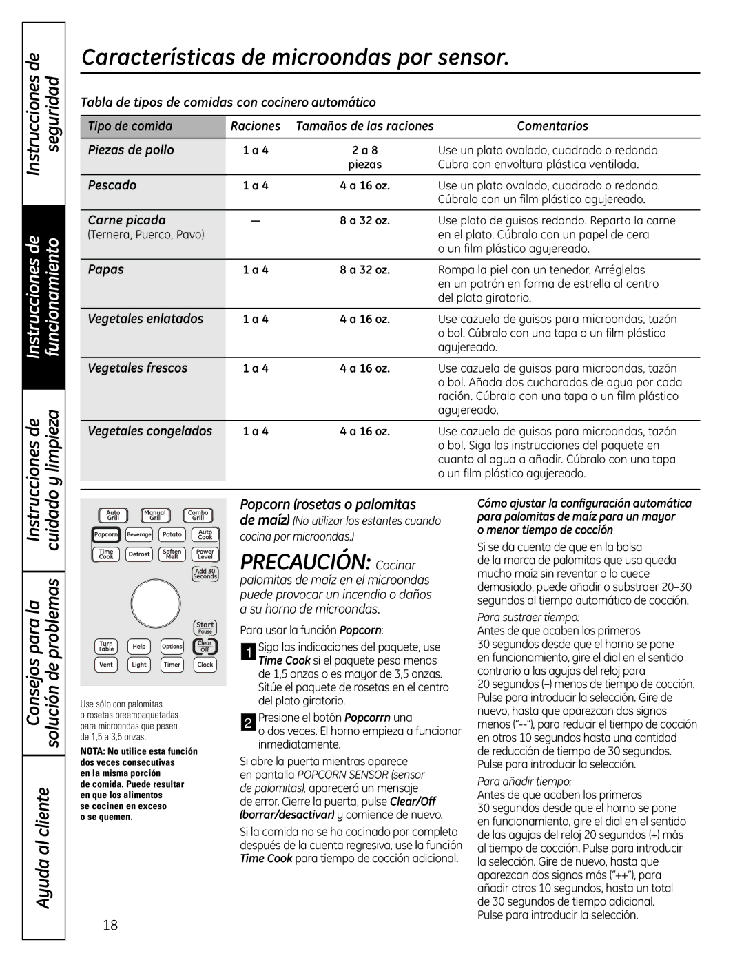 GE DVM1665 manual Precaución Cocinar, Limpieza, Instruccionesde, Popcorn rosetas o palomitas 