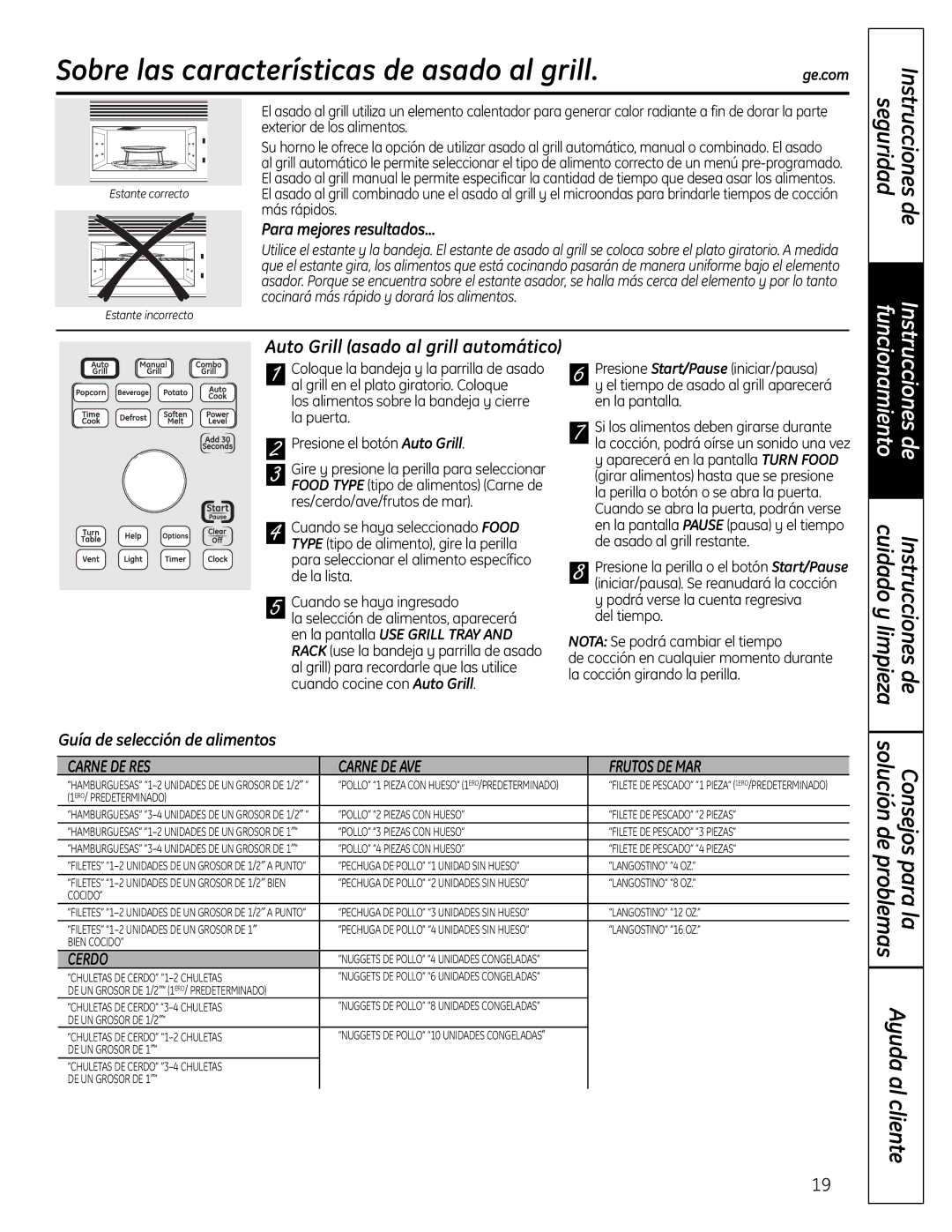 GE DVM1665 manual Sobre las características de asado al grill, Cuidado y limpieza Instrucciones de 