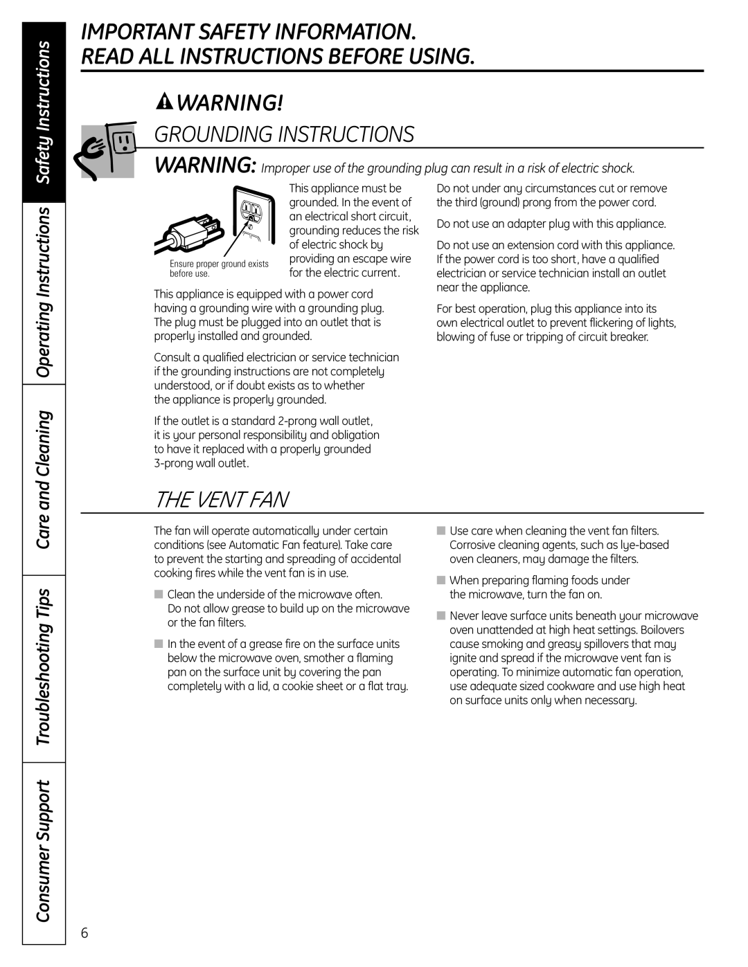 GE DVM1665 manual Grounding Instructions, Vent FAN, Cleaning Operating, Consumer Support Troubleshooting Tips Care 