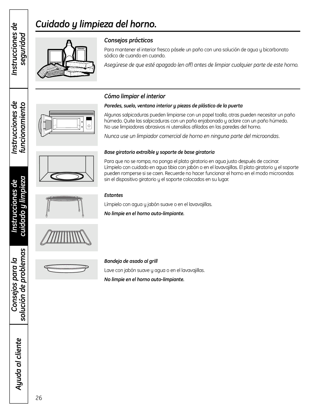 GE DVM1665 manual Cuidado y limpieza del horno, Instrucciones de Seguridad Funcionamiento, Consejos prácticos 