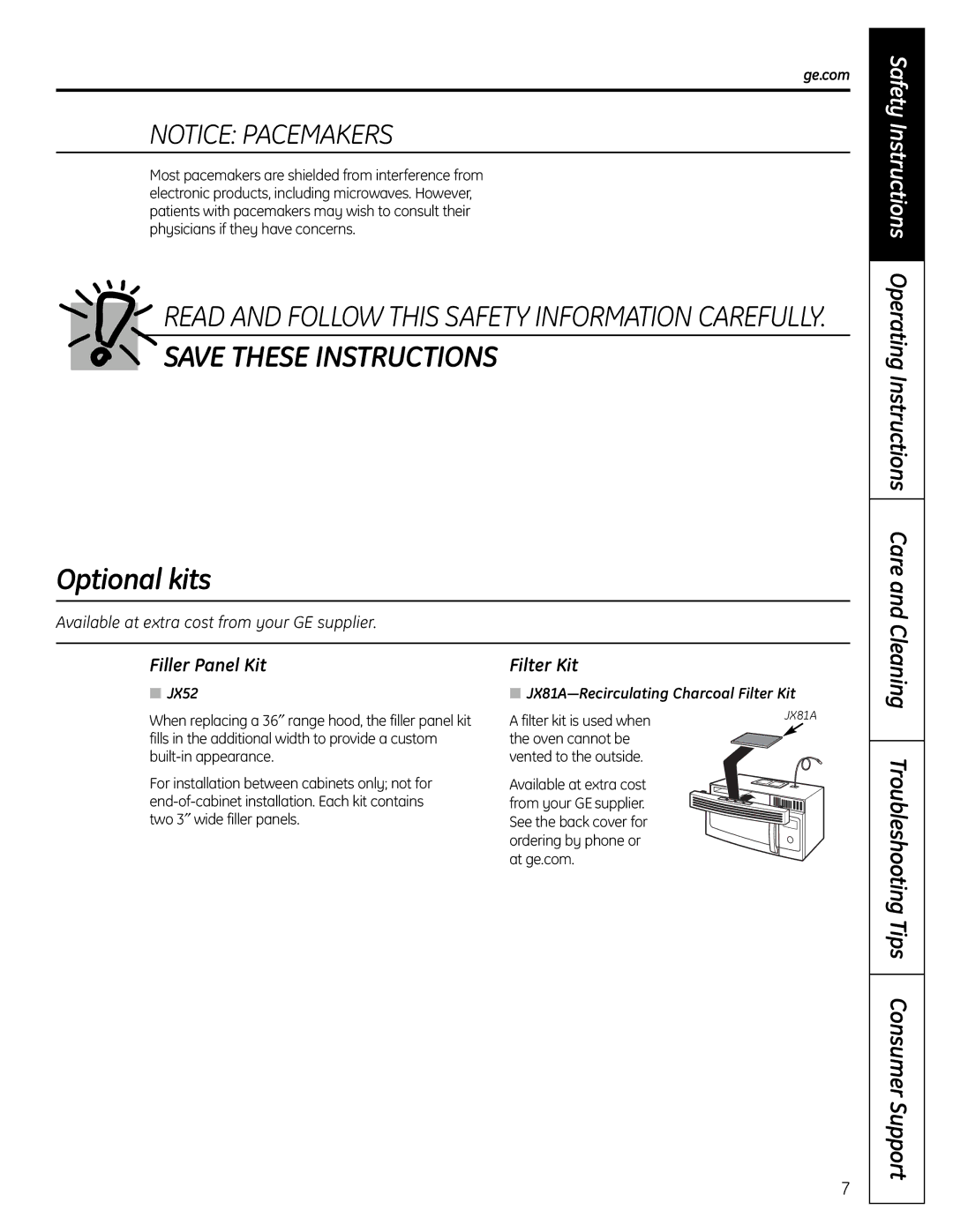 GE DVM1665 manual Optional kits, Safety Instructions Operating Instructions Care, Filler Panel Kit, Filter Kit 