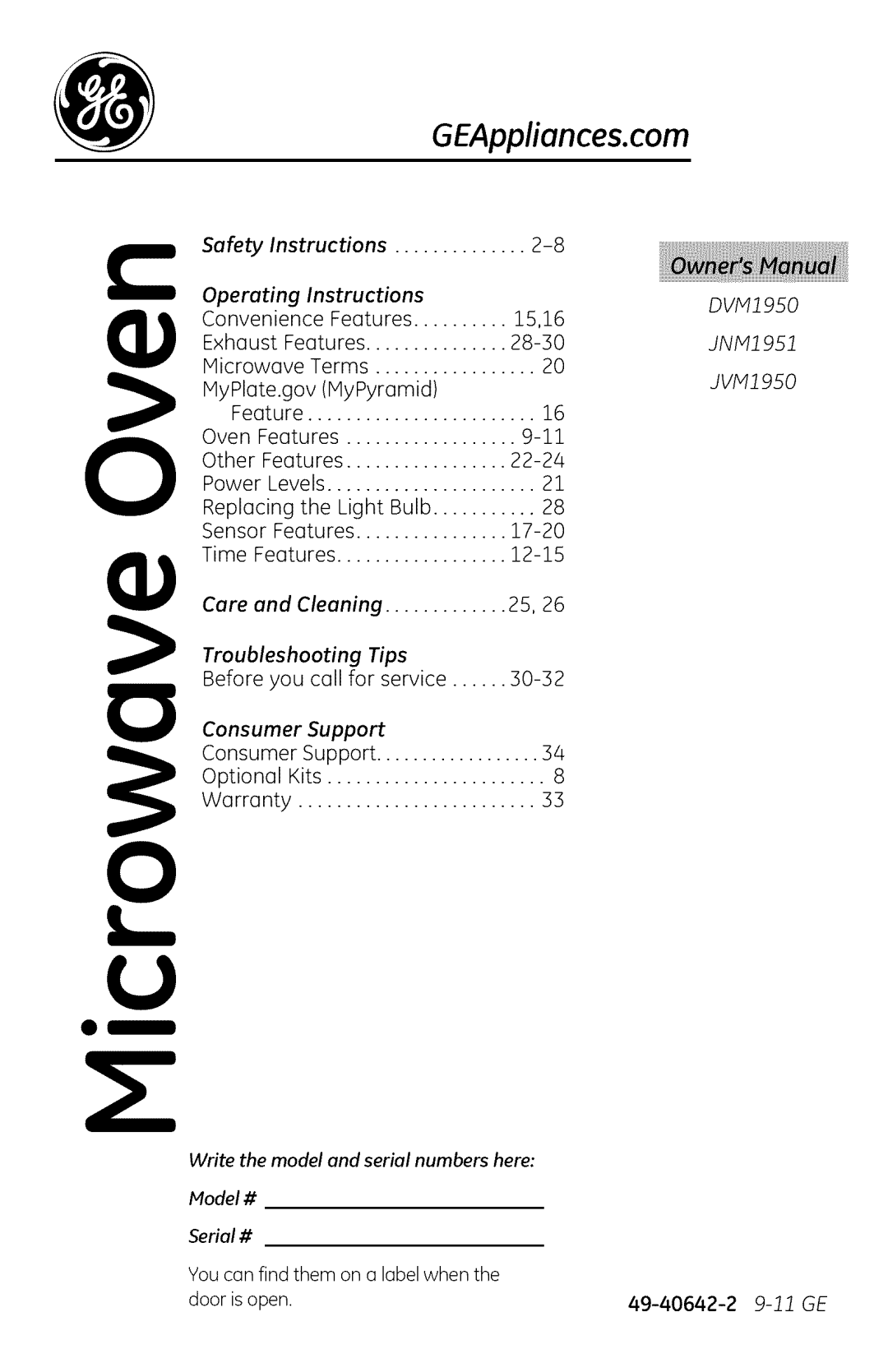 GE JVM1950, DVM1950, JNM1951 manual GEAppliances.com 