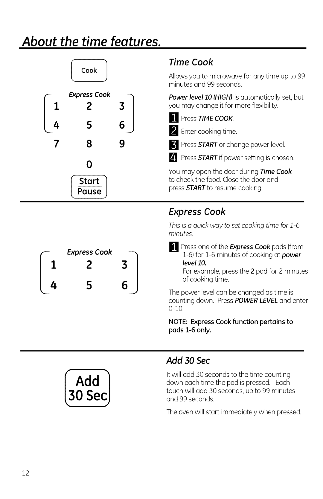 GE DVM1950, JVM1950, JNM1951 manual About the time features, Time Cook, Express Cook, Add 30 Sec 