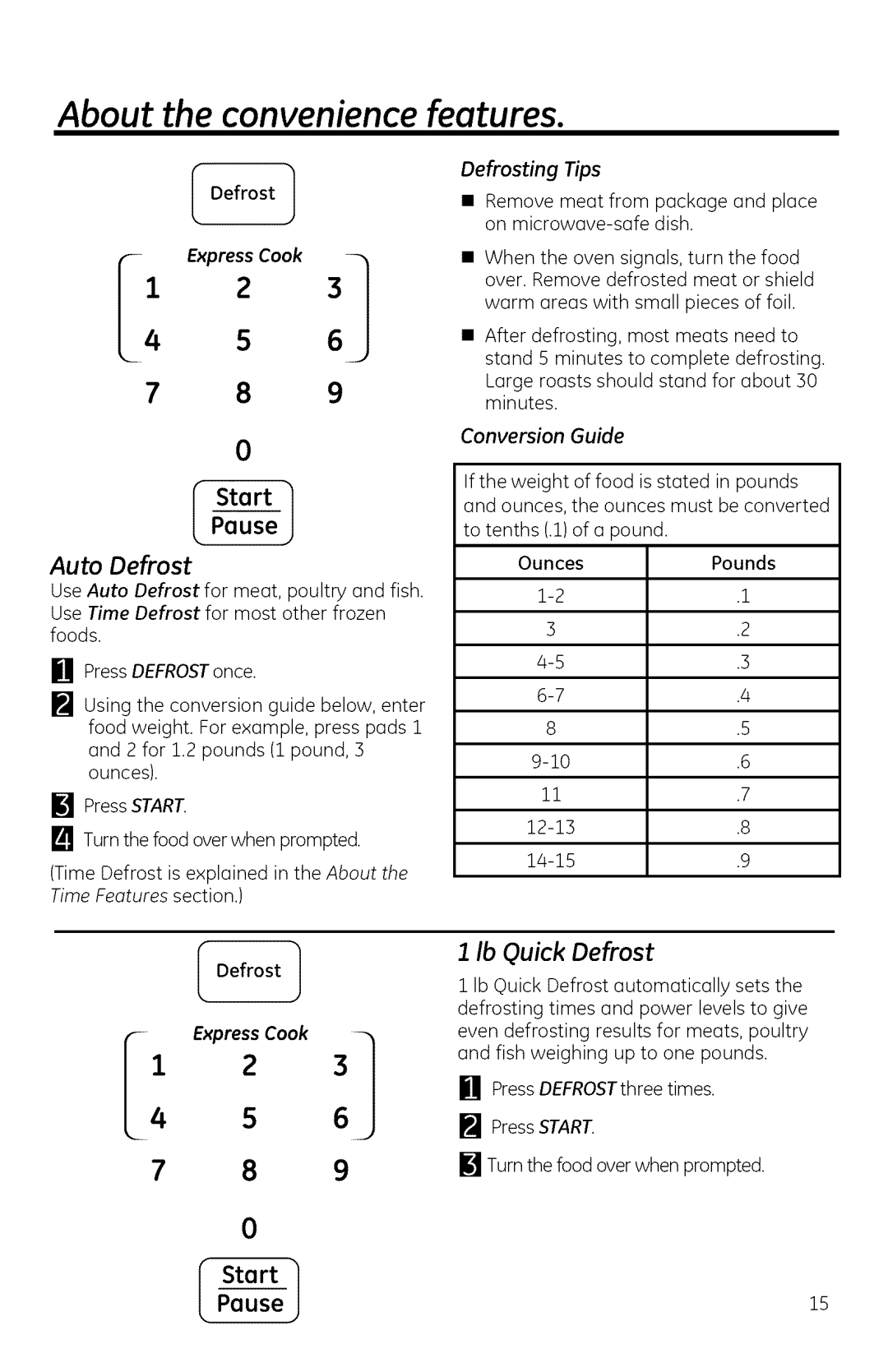 GE DVM1950, JVM1950 manual About Convenience features, Ib Quick Defrost, Conversion Guide, Auto Defrost, Press DEFROSTonce 