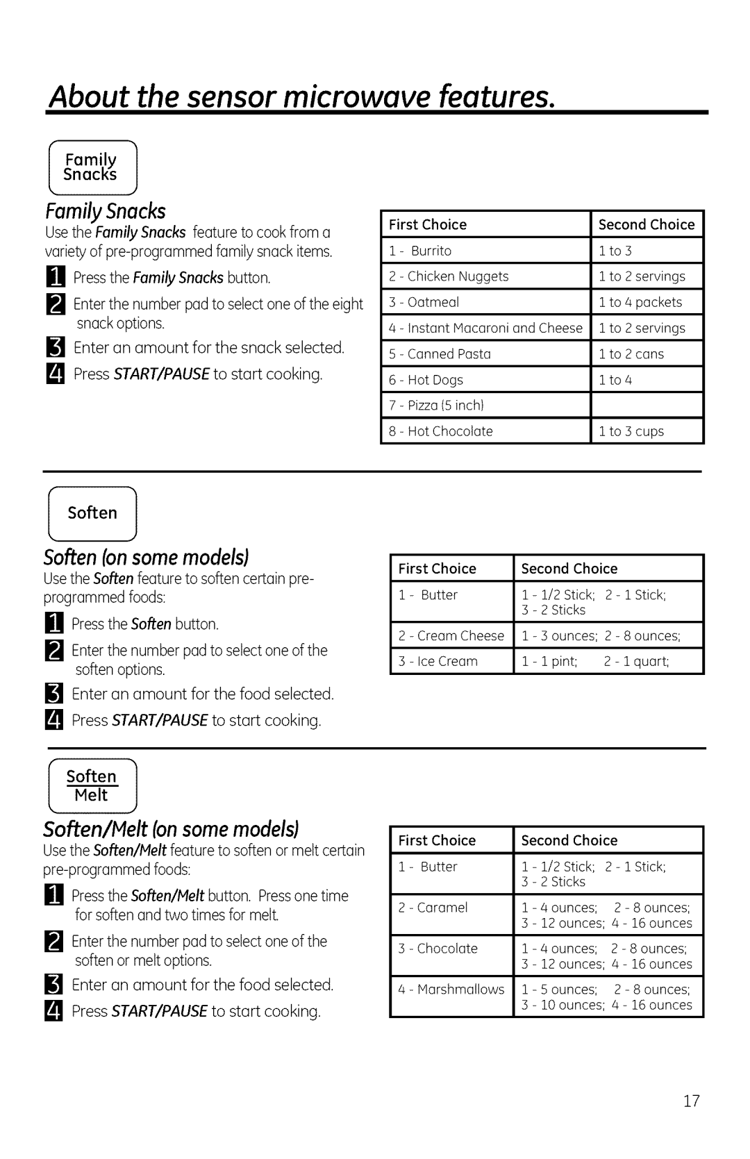 GE JNM1951, DVM1950, JVM1950 About the sensor microwave features, Family Snacks, Soften/Melt on some models, SoftenMelt 