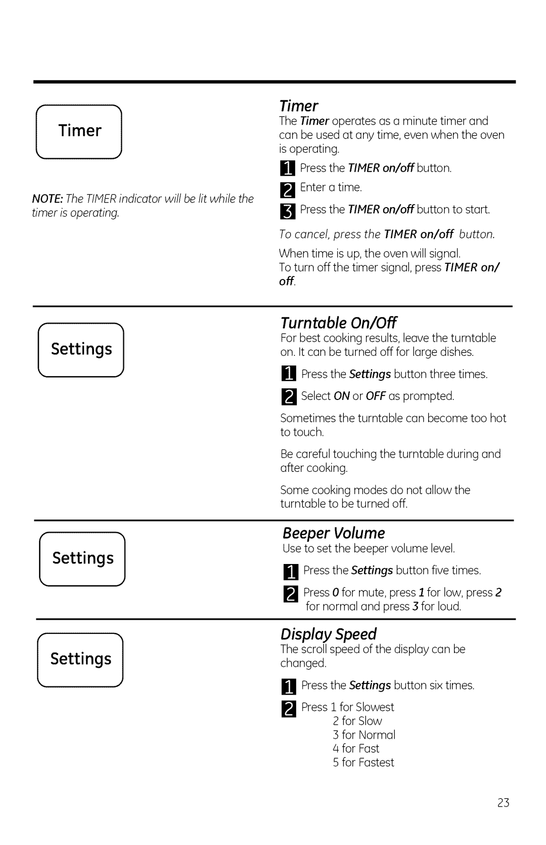 GE JNM1951, DVM1950, JVM1950 Turntable On/Off, Beeper Volume, Display Speed, To cancel, press the Timer on/off button 