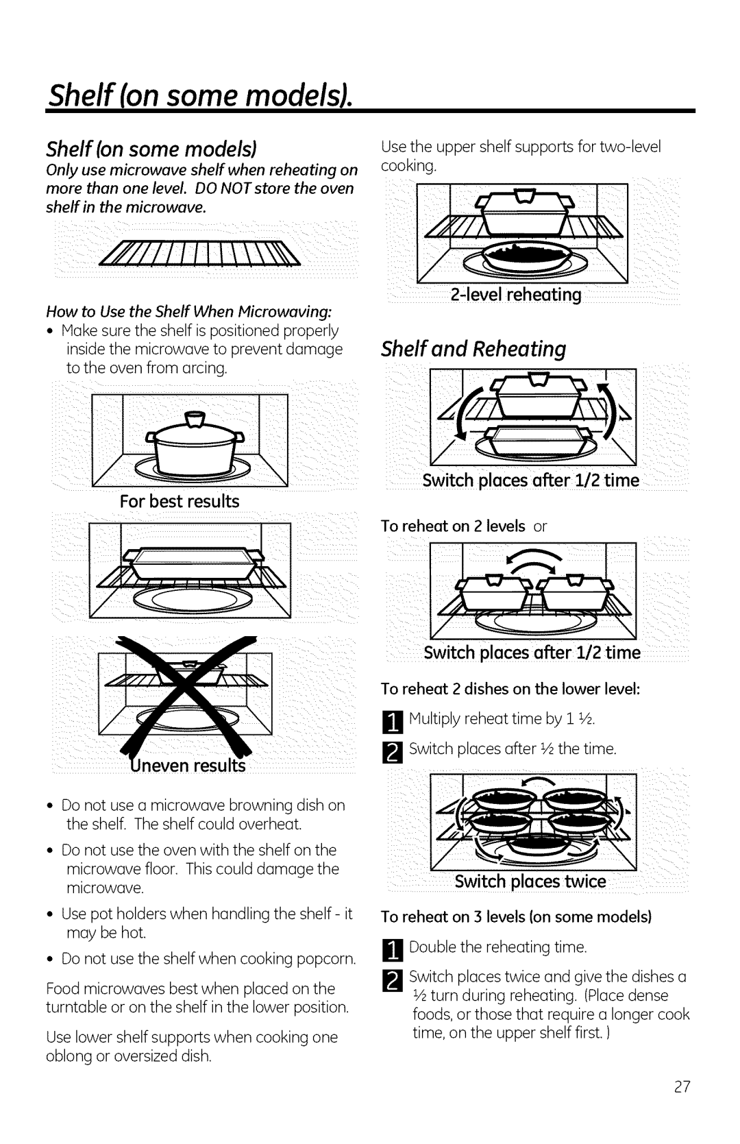 GE DVM1950, JVM1950, JNM1951 manual Shelf on some models, Shelf and Reheating, How to Usethe Shelf When Microwaving 