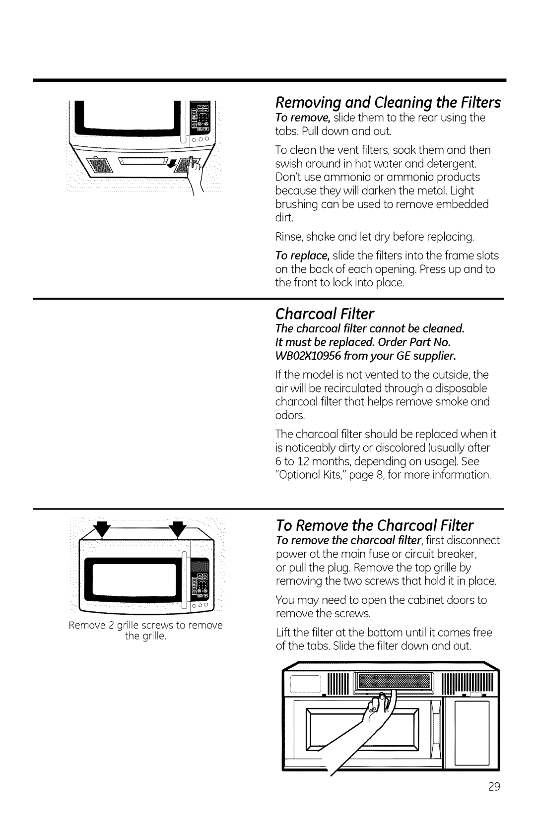 GE JNM1951, DVM1950, JVM1950 manual Removing and Cleaning the Filters, To Remove the Charcoal Filter 