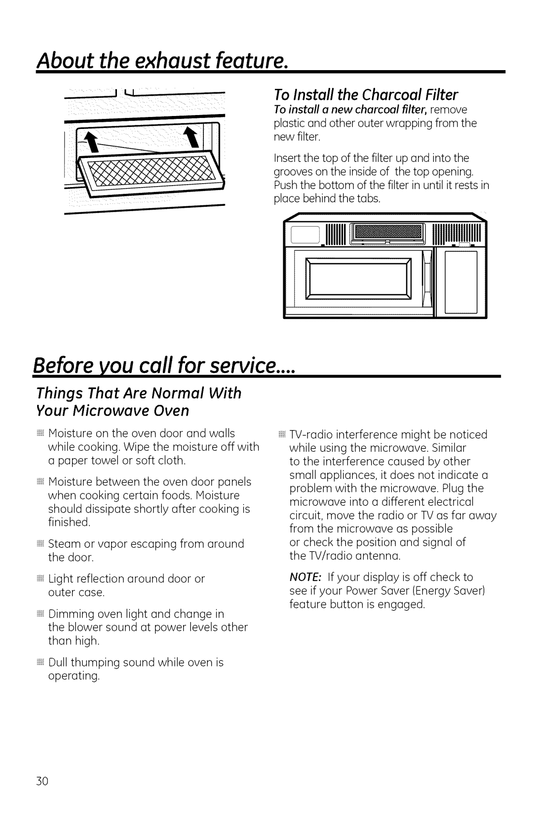 GE DVM1950, JVM1950, JNM1951 manual About the exhaust feature, To Install the Charcoal Filter, Things That Are Normal With 