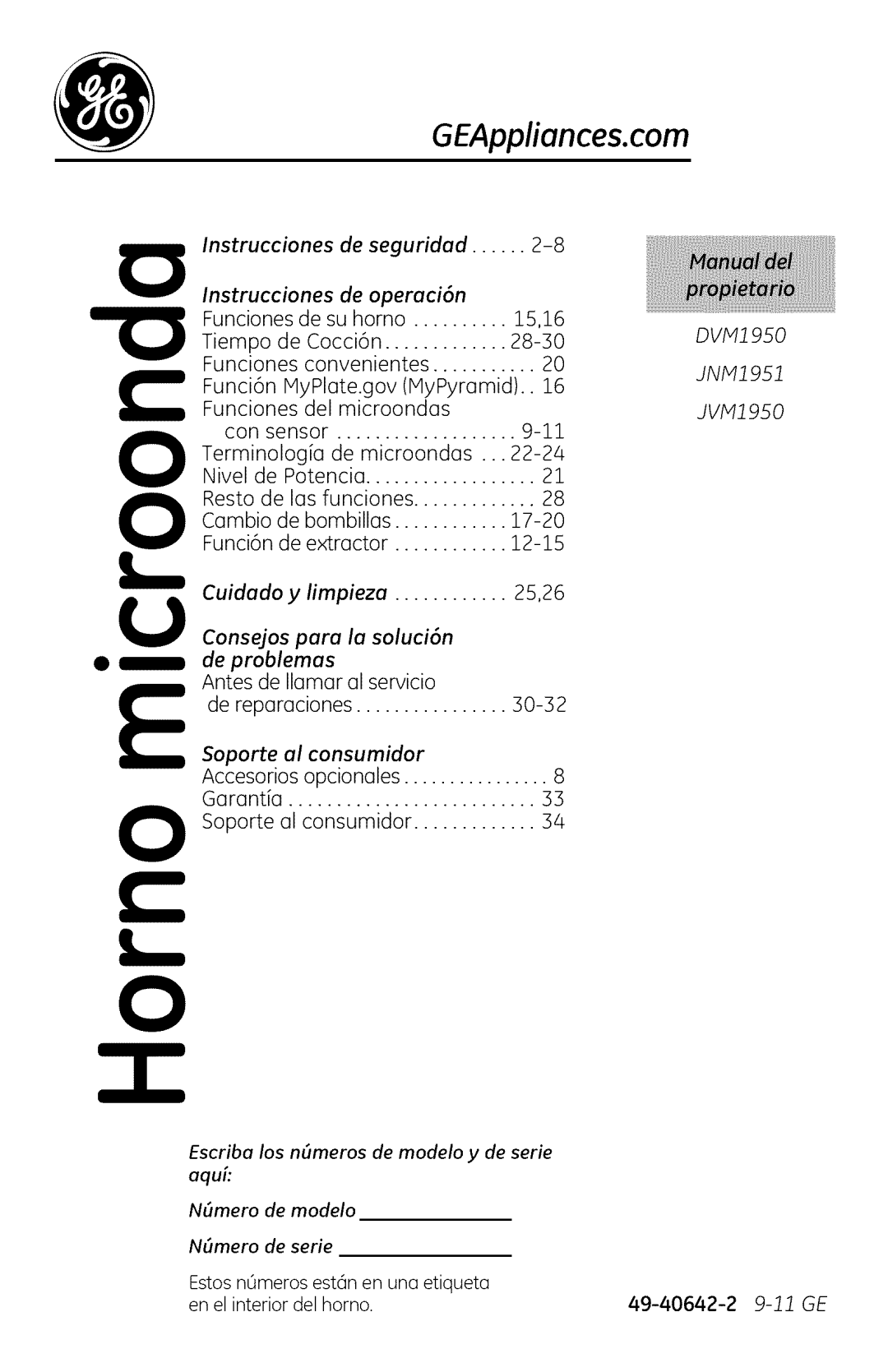 GE JNM1951, DVM1950, JVM1950 manual Tiempo de Cocci6n 28-30, Funci6n MyPlate.gov MyPyramid, Funciones del microondas 