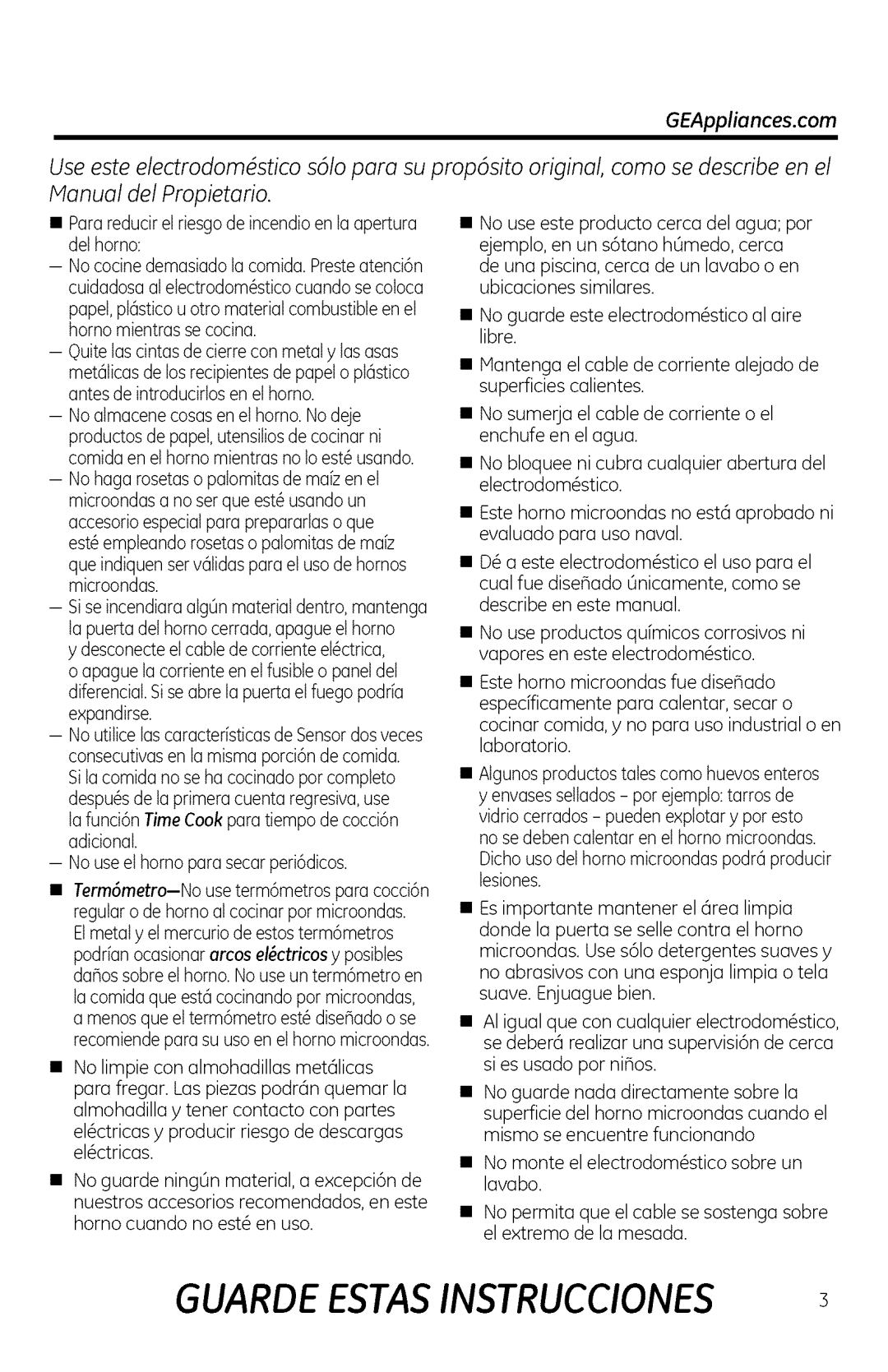 GE JVM1950, DVM1950, JNM1951 manual Manual del Propietario, Parareduciretriesgode incendioen taapertura dethomo 