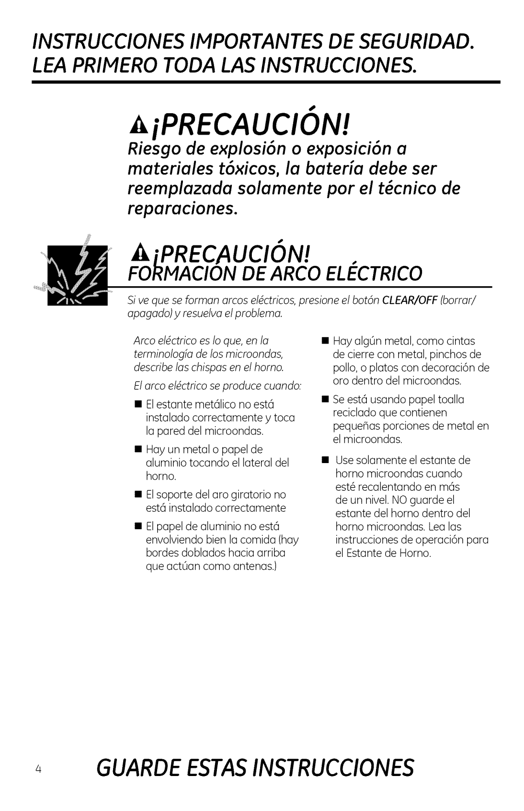 GE JNM1951, DVM1950, JVM1950 manual Iprecaucin, El arco eldctrico se produce cuando 