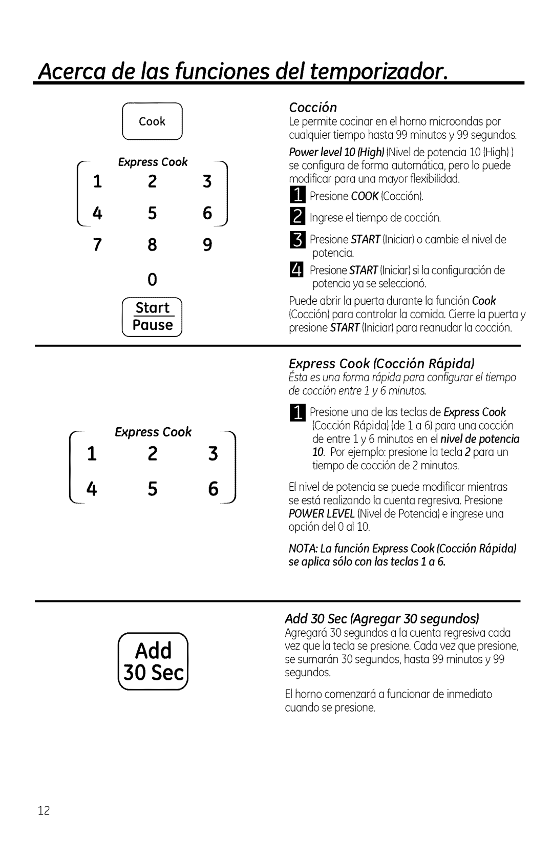 GE JVM1950, DVM1950, JNM1951 manual Acerca de las funciones del temporizador, Add 30 Sec Agregar 30 segundos 