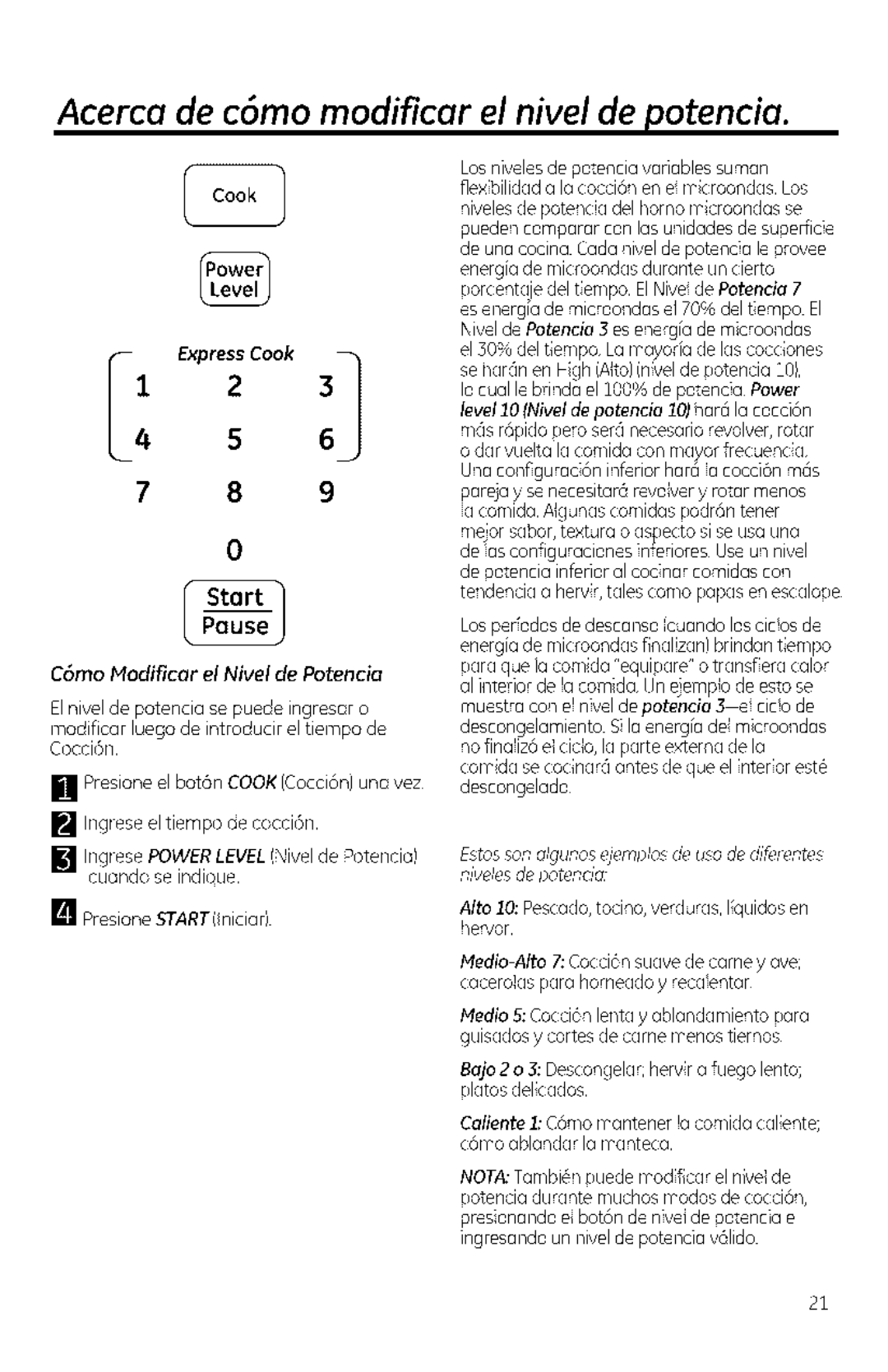 GE JVM1950, DVM1950, JNM1951 manual Acerca de cSmo modificar el nivel de potencia, Cook, C6mo Modificar el Nivel de Potencia 