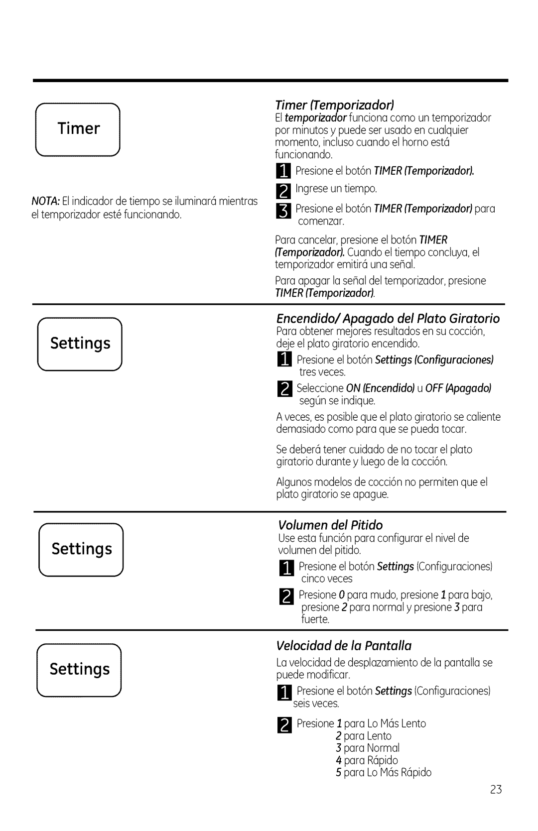 GE DVM1950 SeteccioneONEncendidou OFFApagedo segOnseindique, Volumen del Pitido, Presioneet bot6nSettingsConfiguraciones 