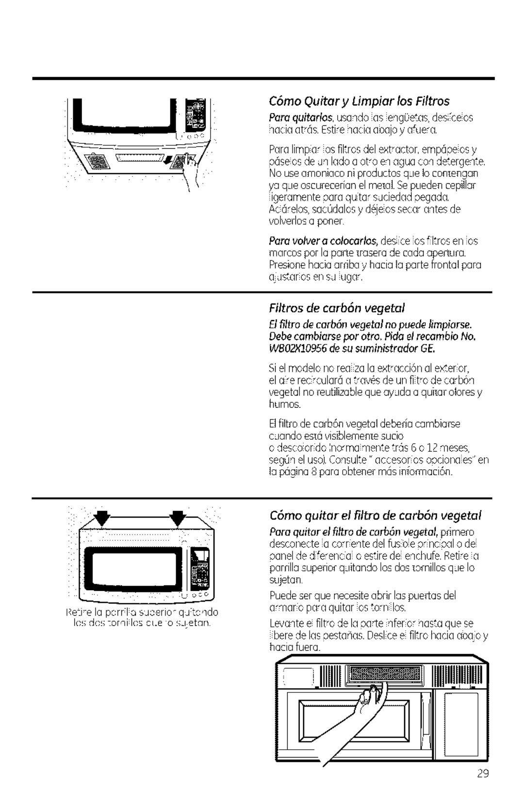 GE DVM1950, JVM1950 C6moQuitar y Limpiar los Filtros, Filtros de carb6n vegetal, C6mo quitar el filtro de carb6n vegetal 