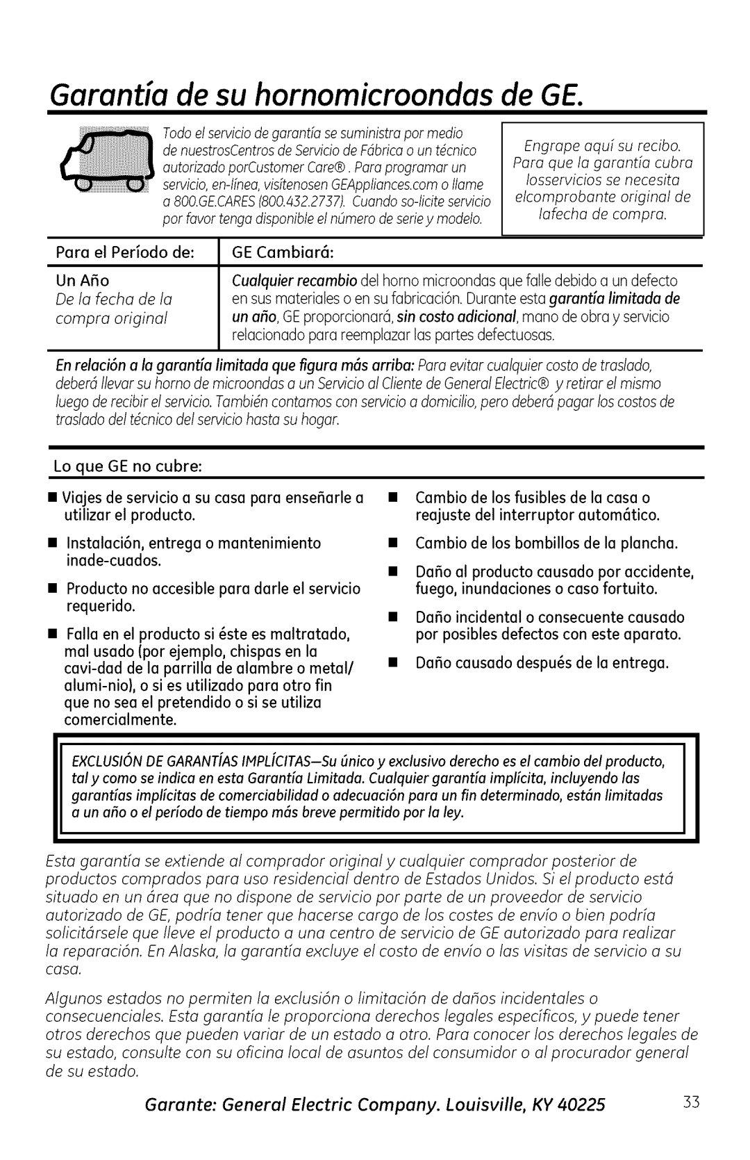 GE JVM1950, DVM1950, JNM1951 manual Para el Periodo de GE Cambiar6 Un Ao, De la fecha de la, Compra original 