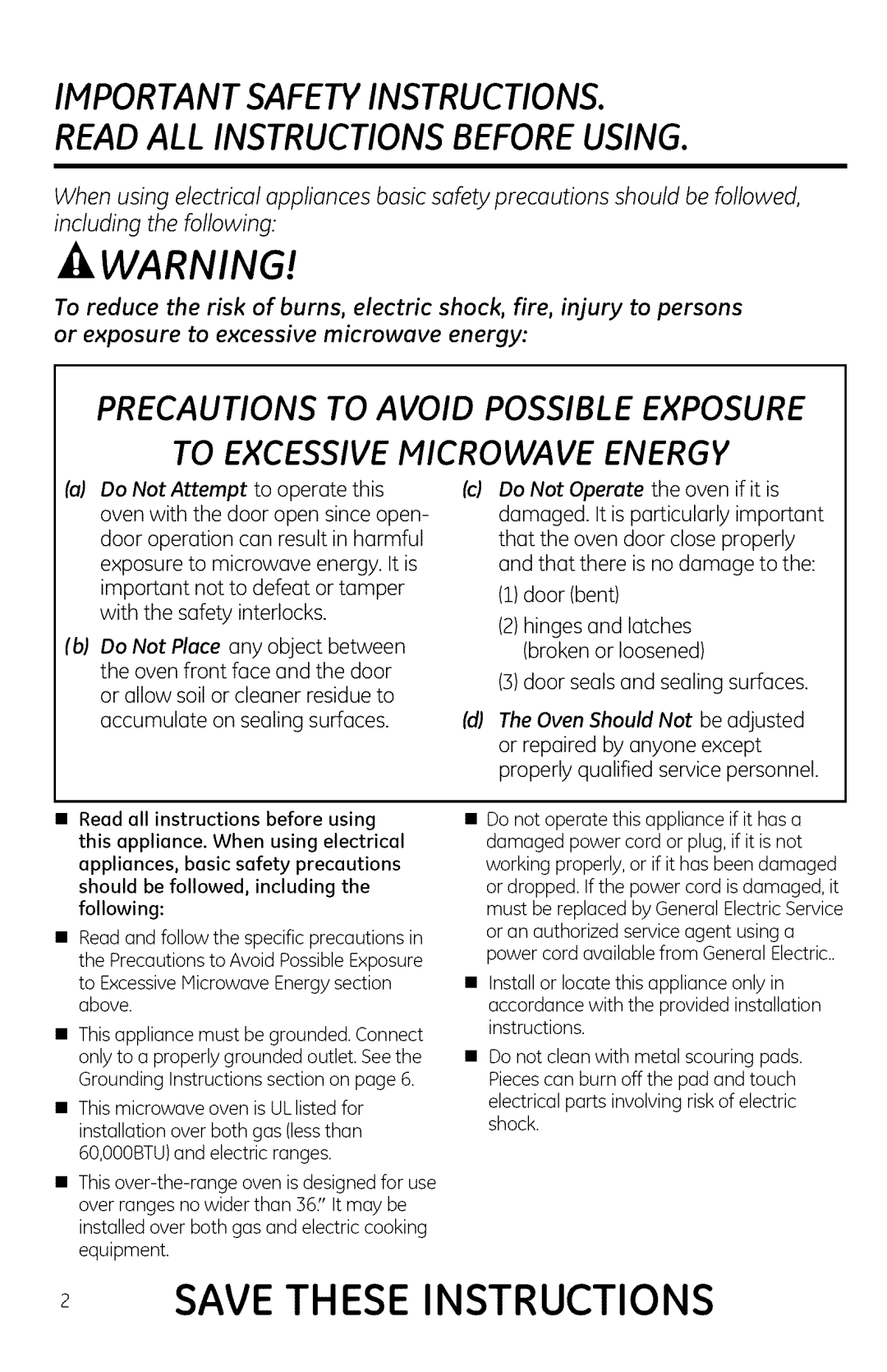 GE JNM1951, DVM1950, JVM1950 Save These Instructions, Precautions To Avoid Possible Exposure, To Excessive Microwave Energy 